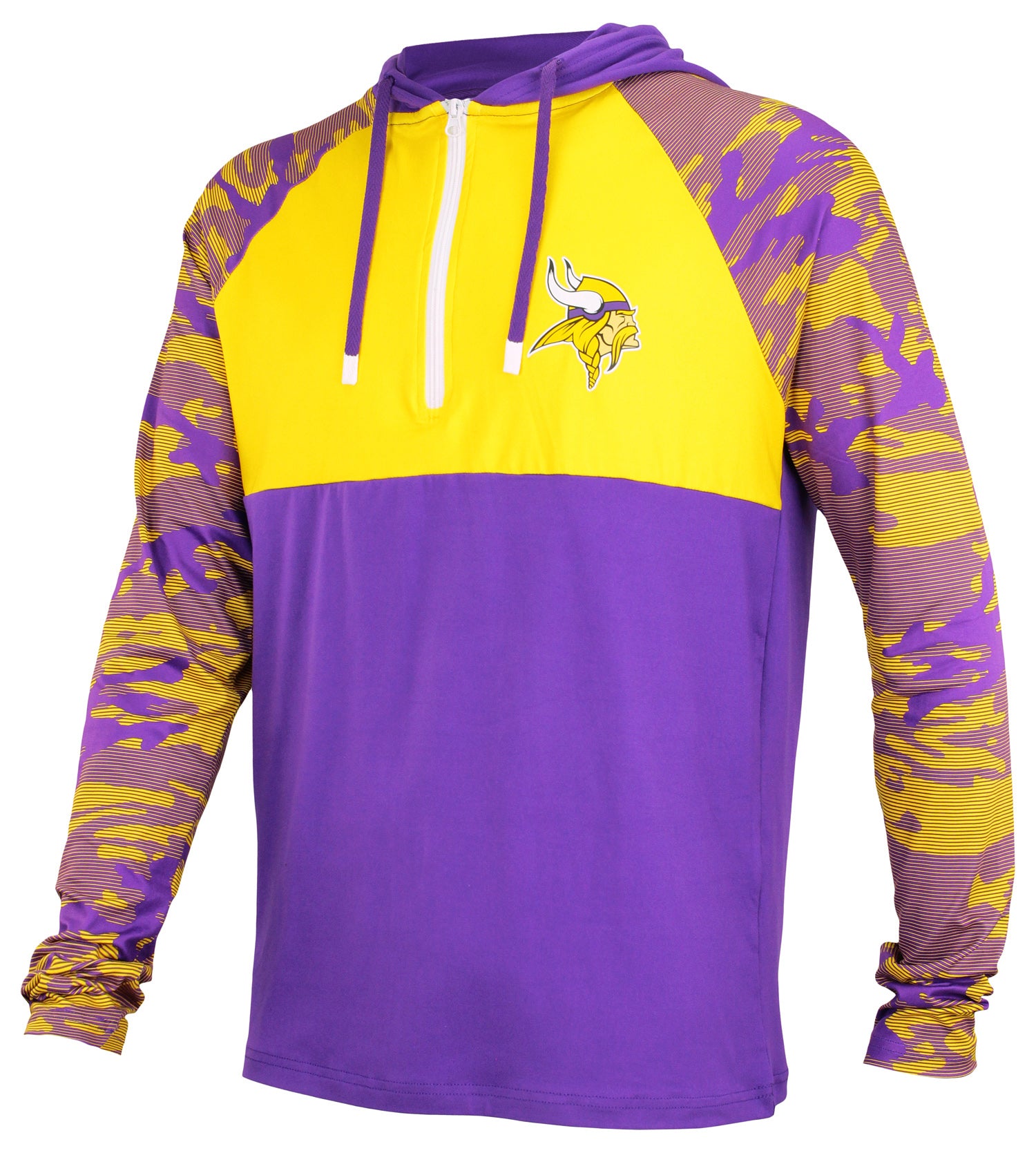 Zubaz NFL   Men's Camo Line Sleeves Lightweight 1/4 Zip Color Block Hoodie, MINNESOTA VIKINGS