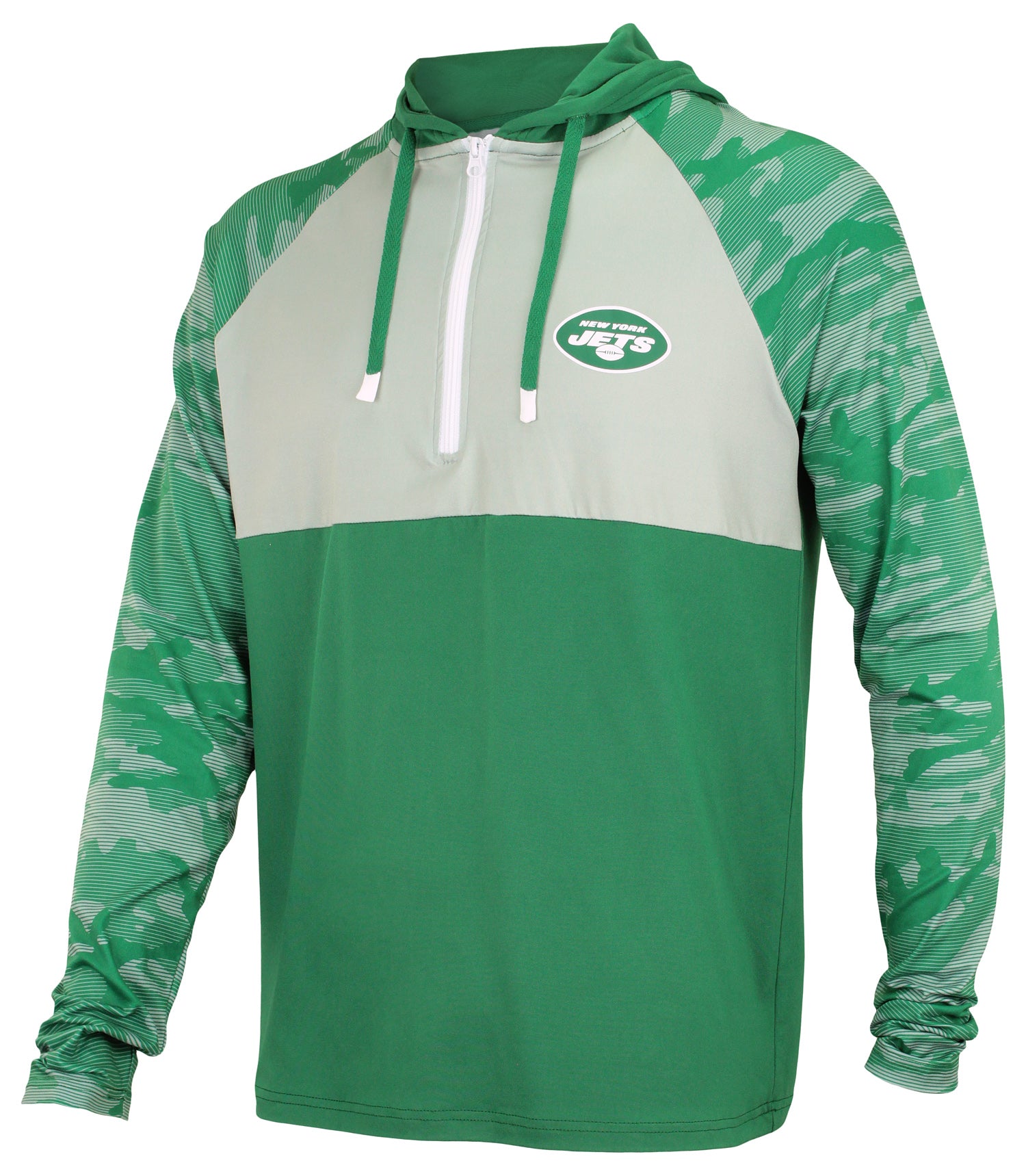 Zubaz NFL   Men's Camo Line Sleeves Lightweight 1/4 Zip Color Block Hoodie, NEW YORK JETS