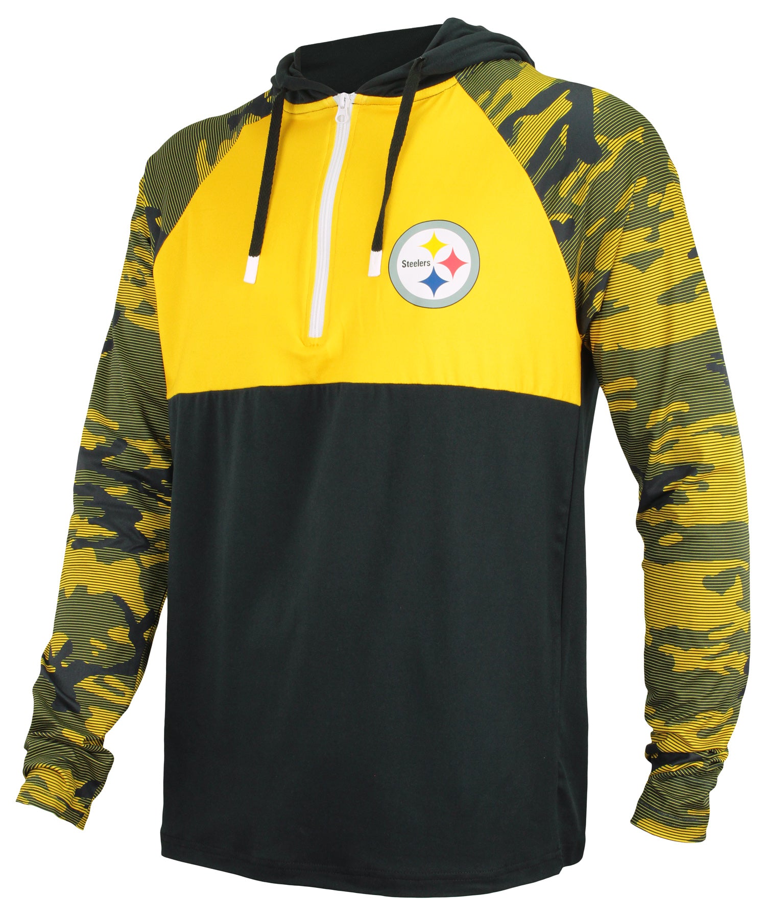 Zubaz NFL   Men's Camo Line Sleeves Lightweight 1/4 Zip Color Block Hoodie, PITTSBURGH STEELERS