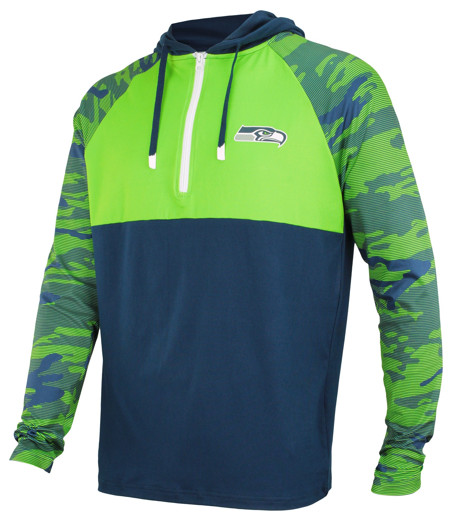 Zubaz NFL   Men's Camo Line Sleeves Lightweight 1/4 Zip Color Block Hoodie, SEATTLE SEAHAWKS