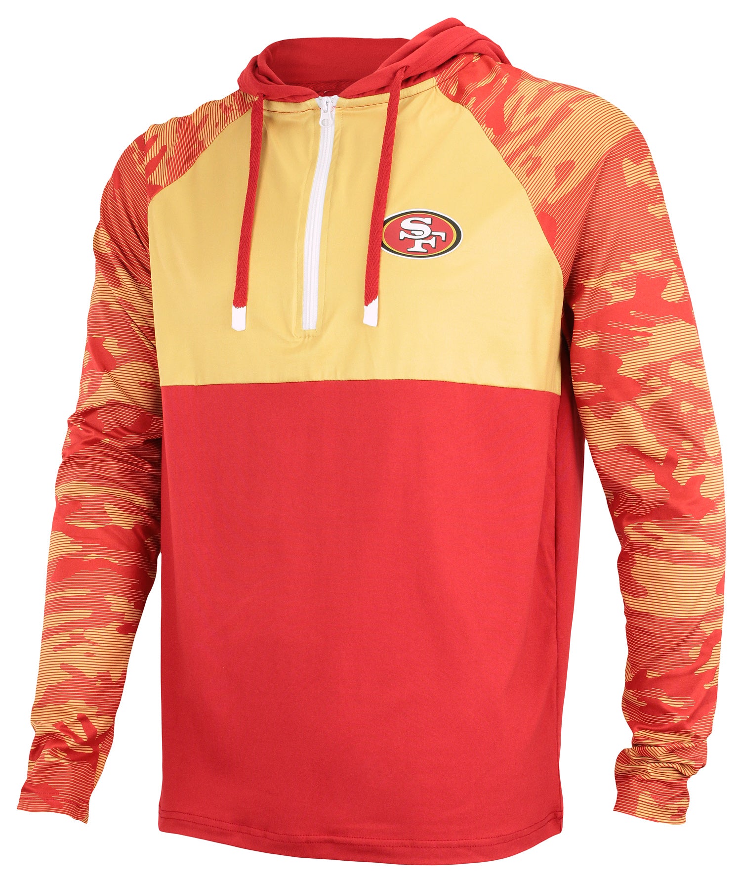 Zubaz NFL   Men's Camo Line Sleeves Lightweight 1/4 Zip Color Block Hoodie, SAN FRANCISCO 49ERS