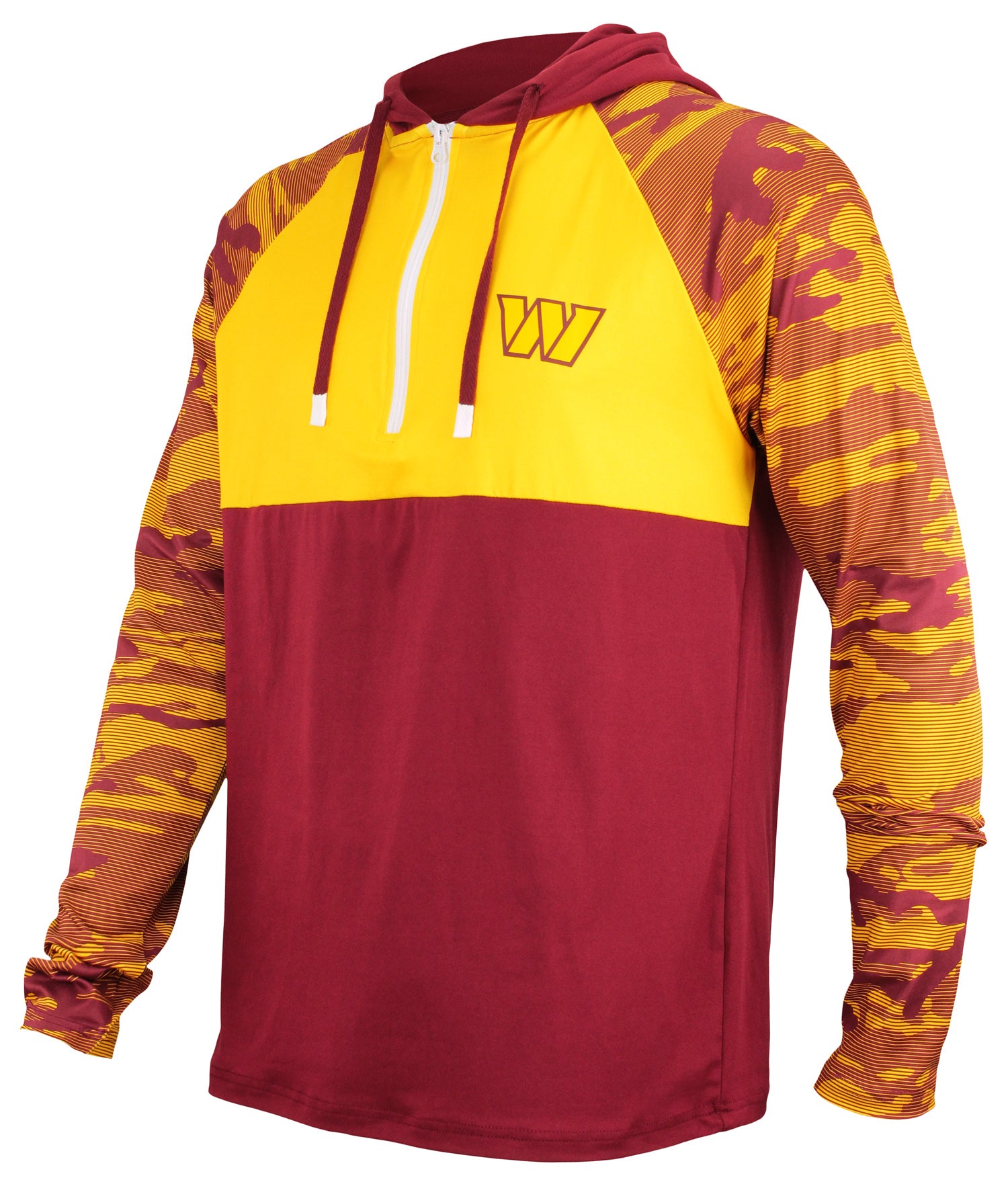 Zubaz NFL   Men's Camo Line Sleeves Lightweight 1/4 Zip Color Block Hoodie, WASHINGTON COMMANDERS