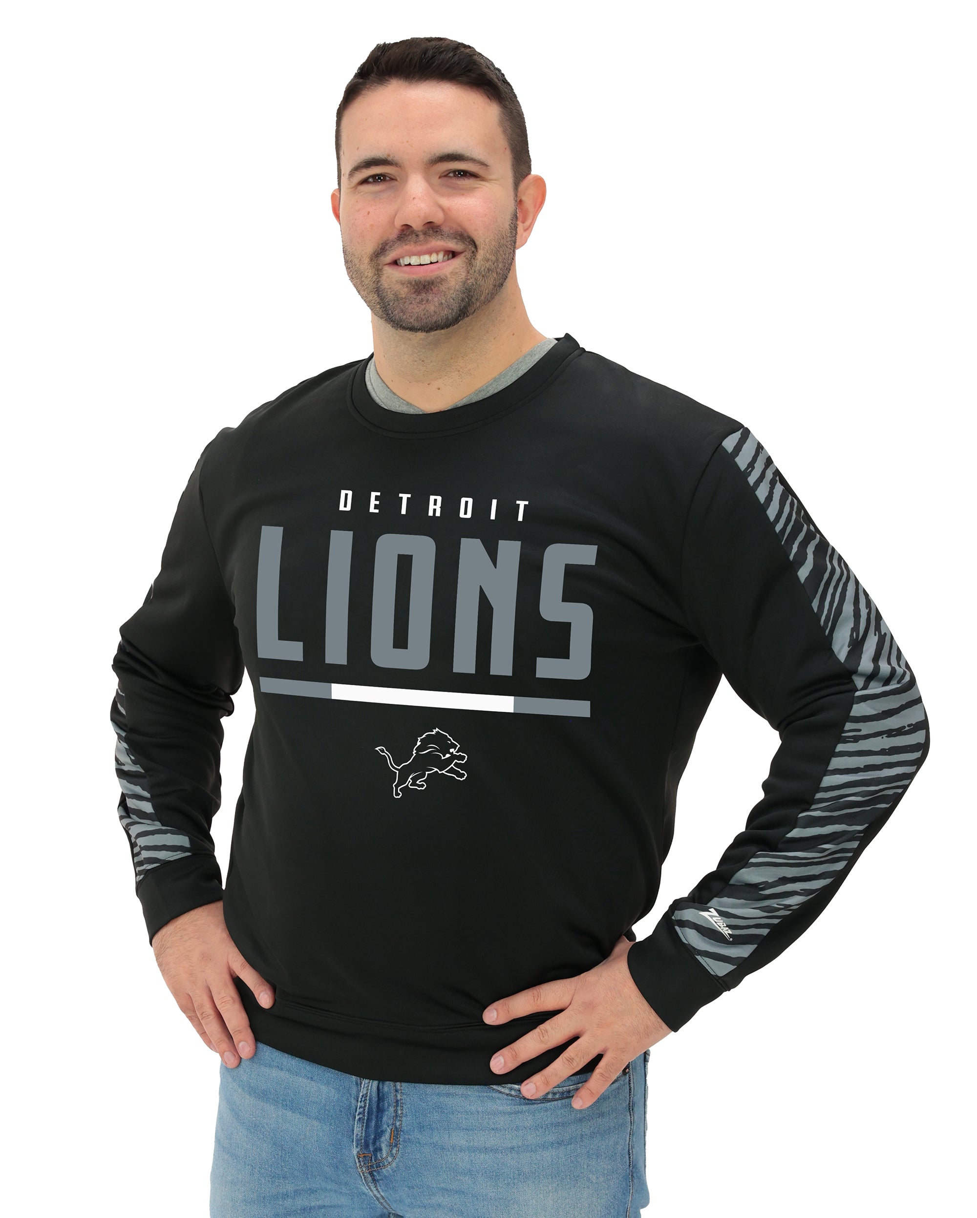 Zubaz NFL   Men's Linebacker 2 Color Zebra Long Sleeve Panel Crewneck Sweatshirt, DETROIT LIONS