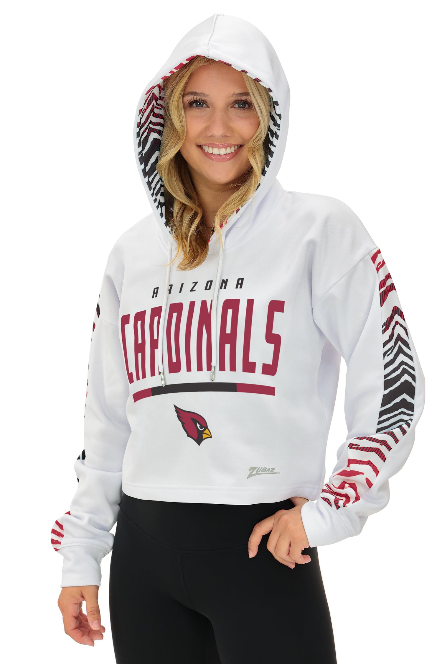 Zubaz NFL  Women's Linebacker Zebra Ombre Crop Top Hoodie, ARIZONA CARDINALS