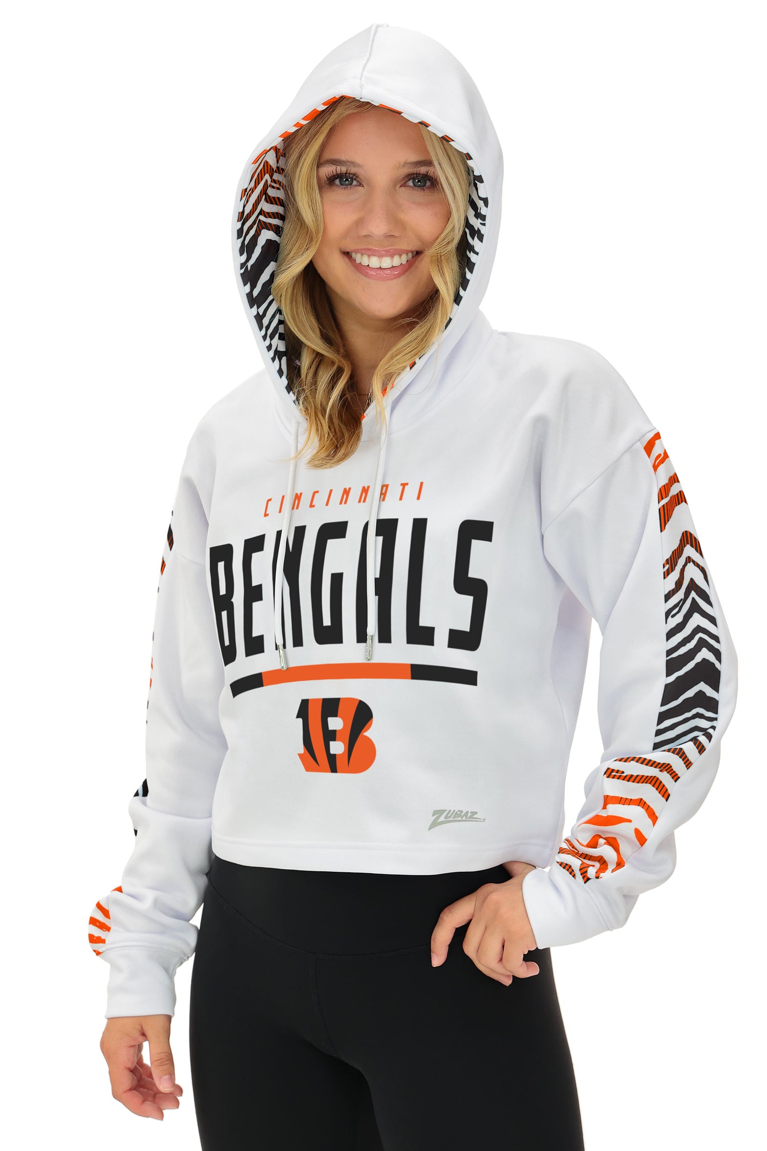 Zubaz NFL   Women's Linebacker Zebra Ombre Crop Top Hoodie, CINCINNATI BENGALS