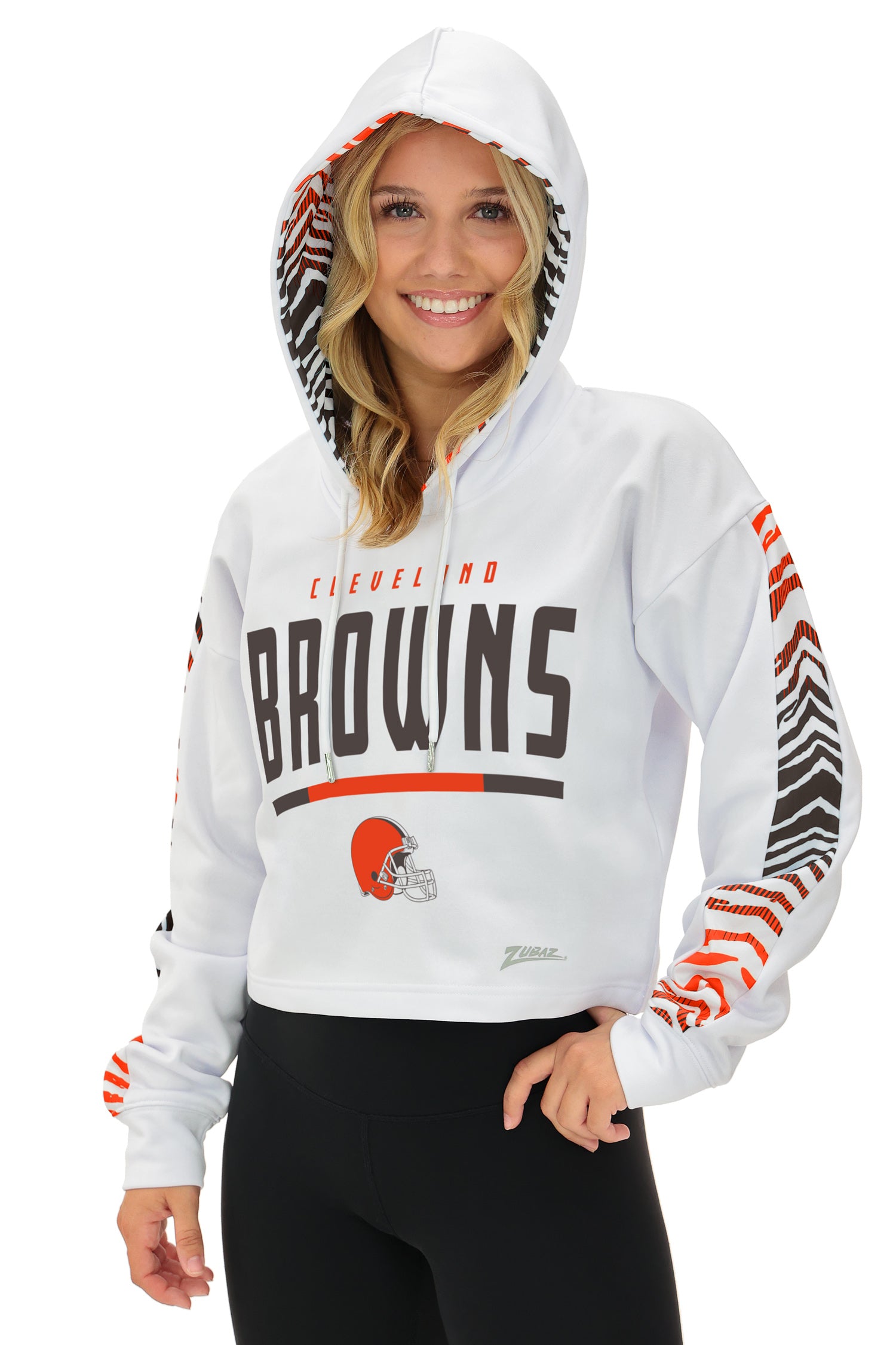Zubaz NFL  Women's Linebacker Zebra Ombre Crop Top Hoodie, CLEVELAND BROWNS