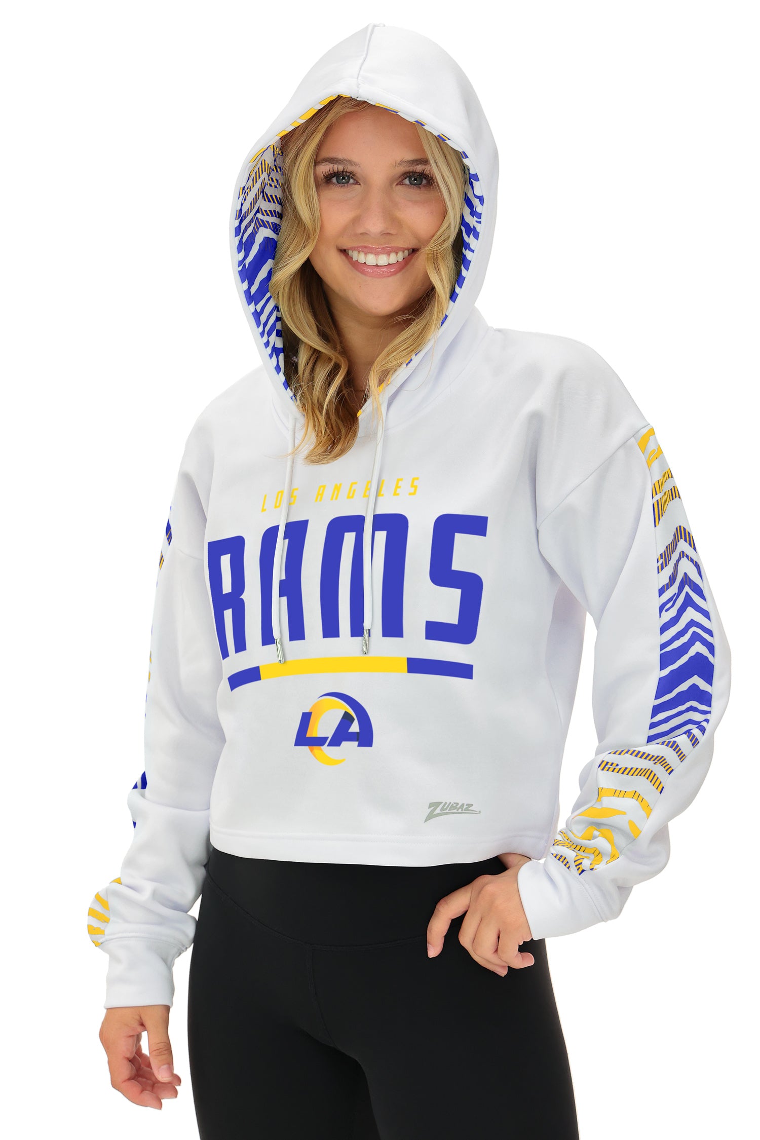 Zubaz NFL   Women's Linebacker Zebra Ombre Crop Top Hoodie, LOS ANGELES RAMS