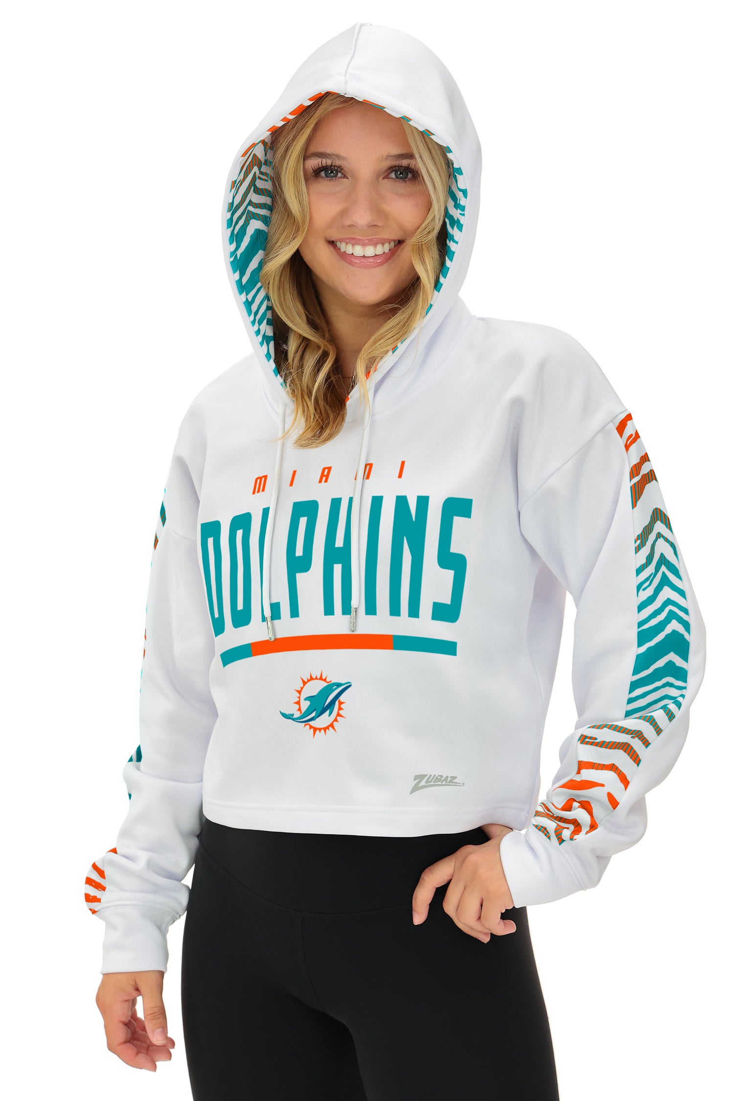 Zubaz NFL   Women's Linebacker Zebra Ombre Crop Top Hoodie, MIAMI DOLPHINS