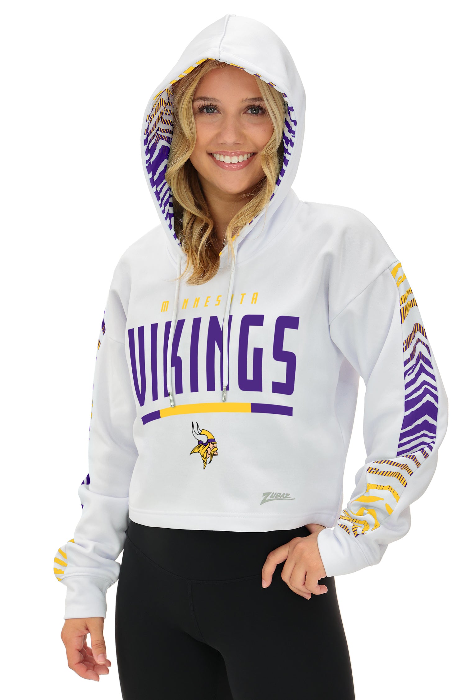 Zubaz NFL   Women's Linebacker Zebra Ombre Crop Top Hoodie, MINNESOTA VIKINGS