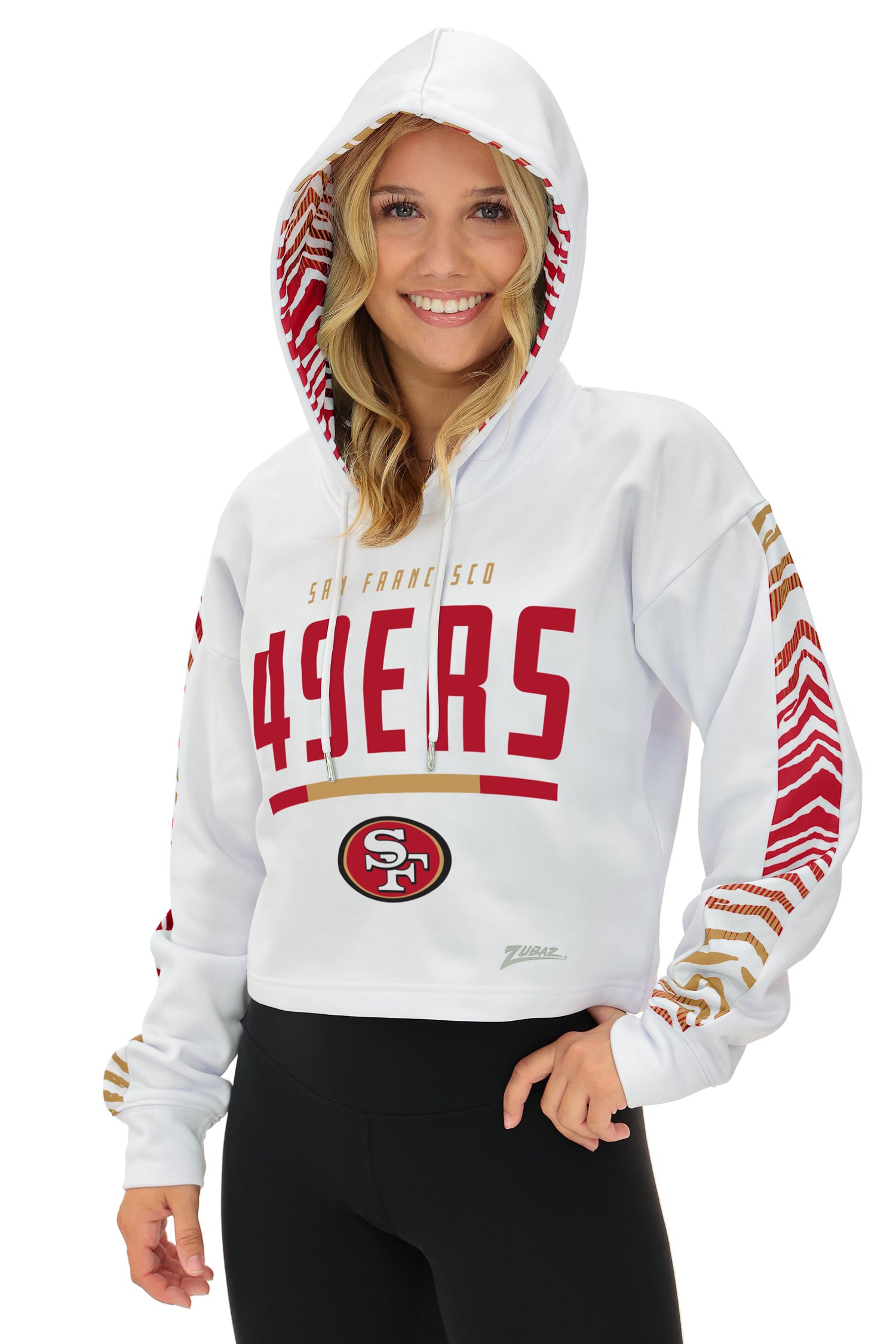 Zubaz NFL   Women's Linebacker Zebra Ombre Crop Top Hoodie, SAN FRANCISCO 49ERS