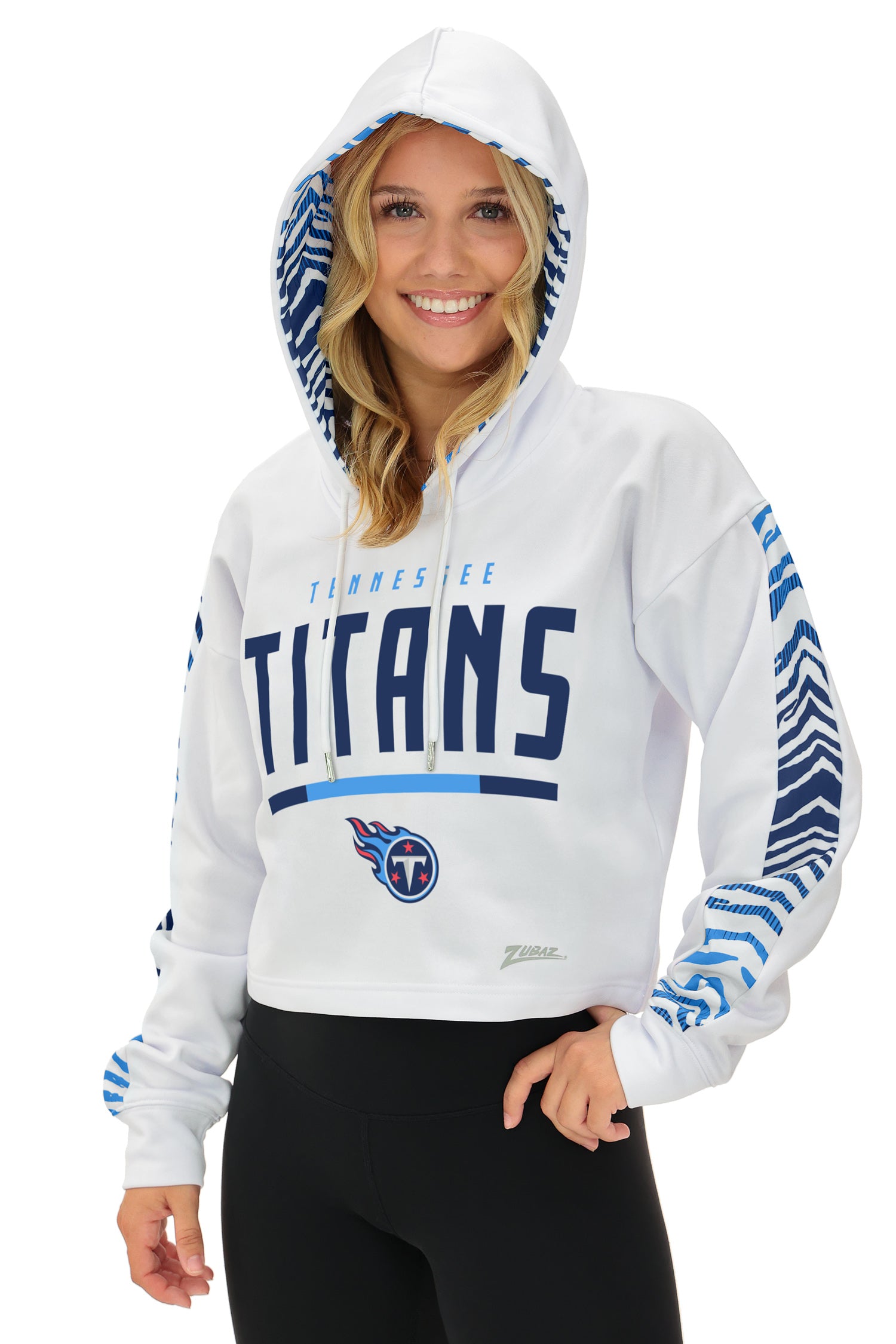 Zubaz NFL   Women's Linebacker Zebra Ombre Crop Top Hoodie, TENNESSEE TITANS