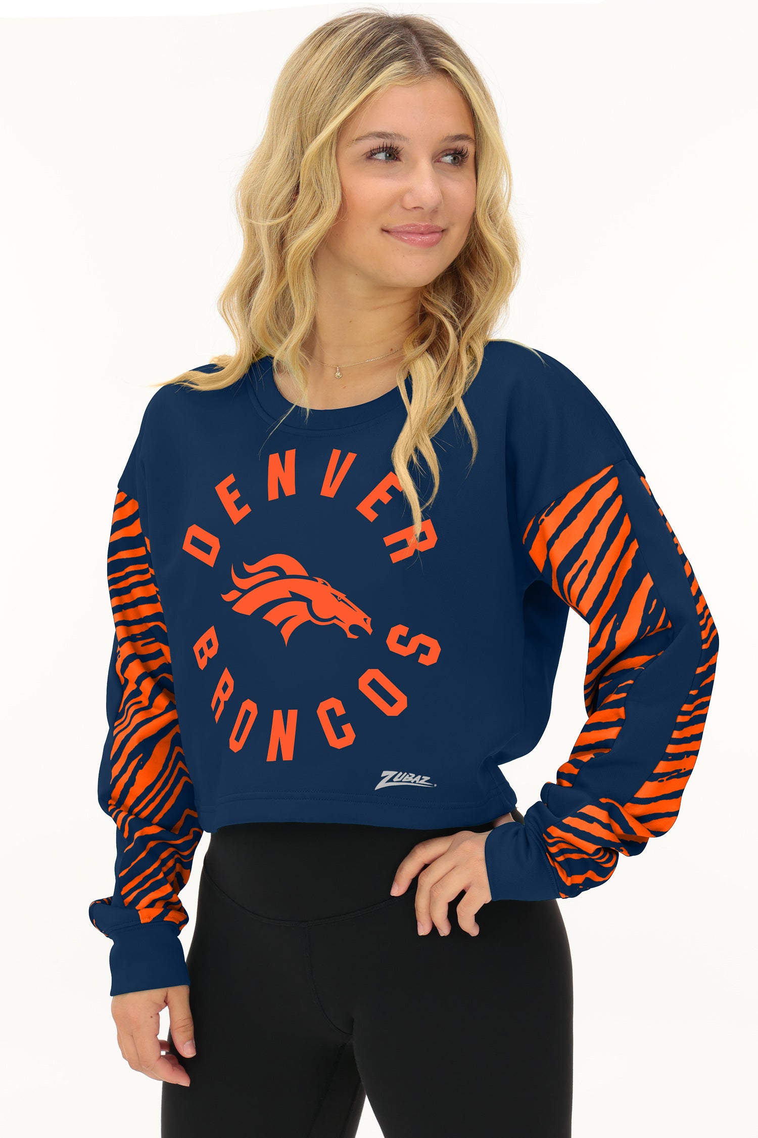 Zubaz NFL   Women's Overtime 2 Color Zebra Crop Top Crewneck, DENVER BRONCOS