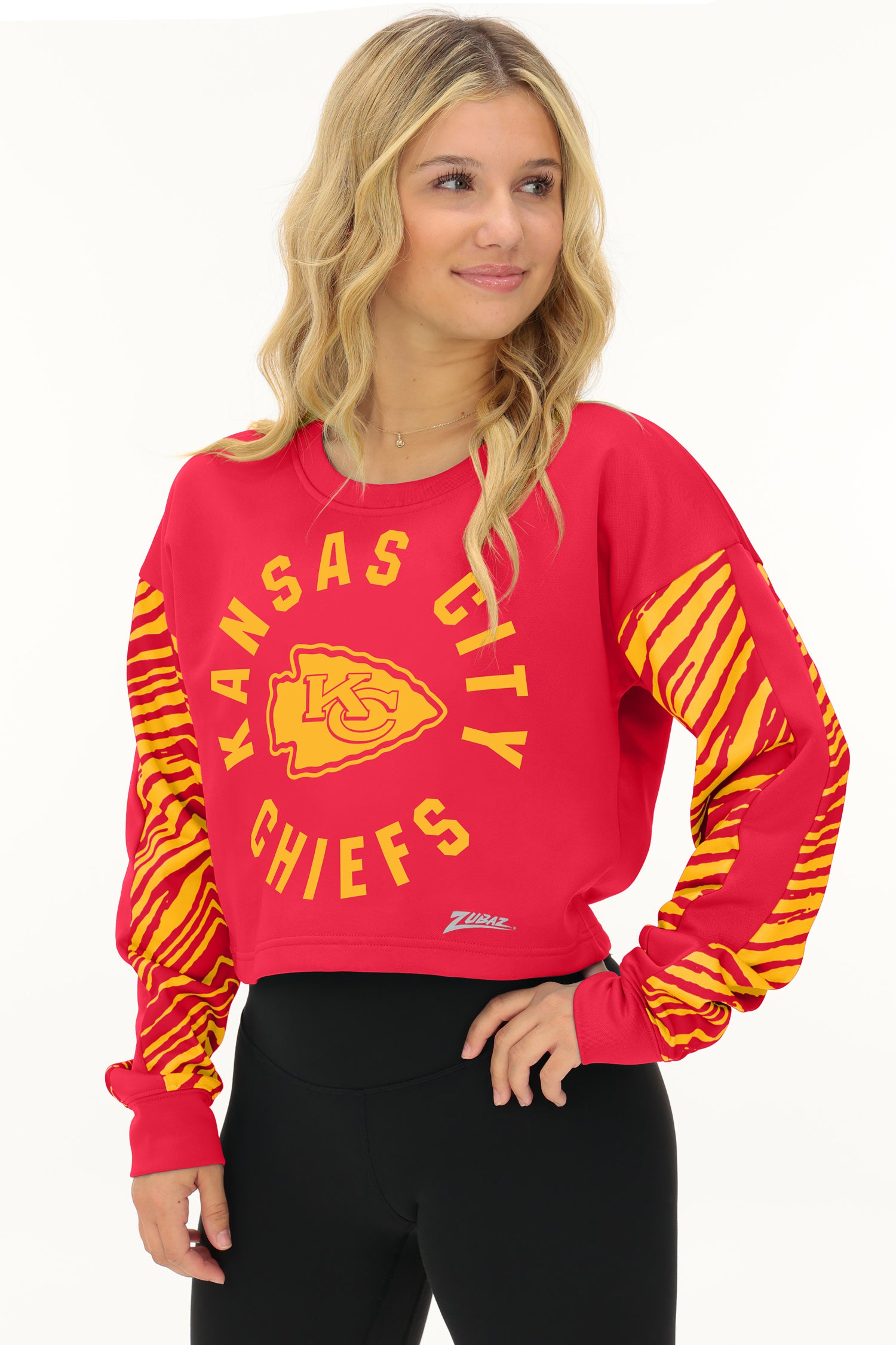 Zubaz NFL   Women's Overtime 2 Color Zebra Crop Top Crewneck, KANSAS CITY CHIEFS