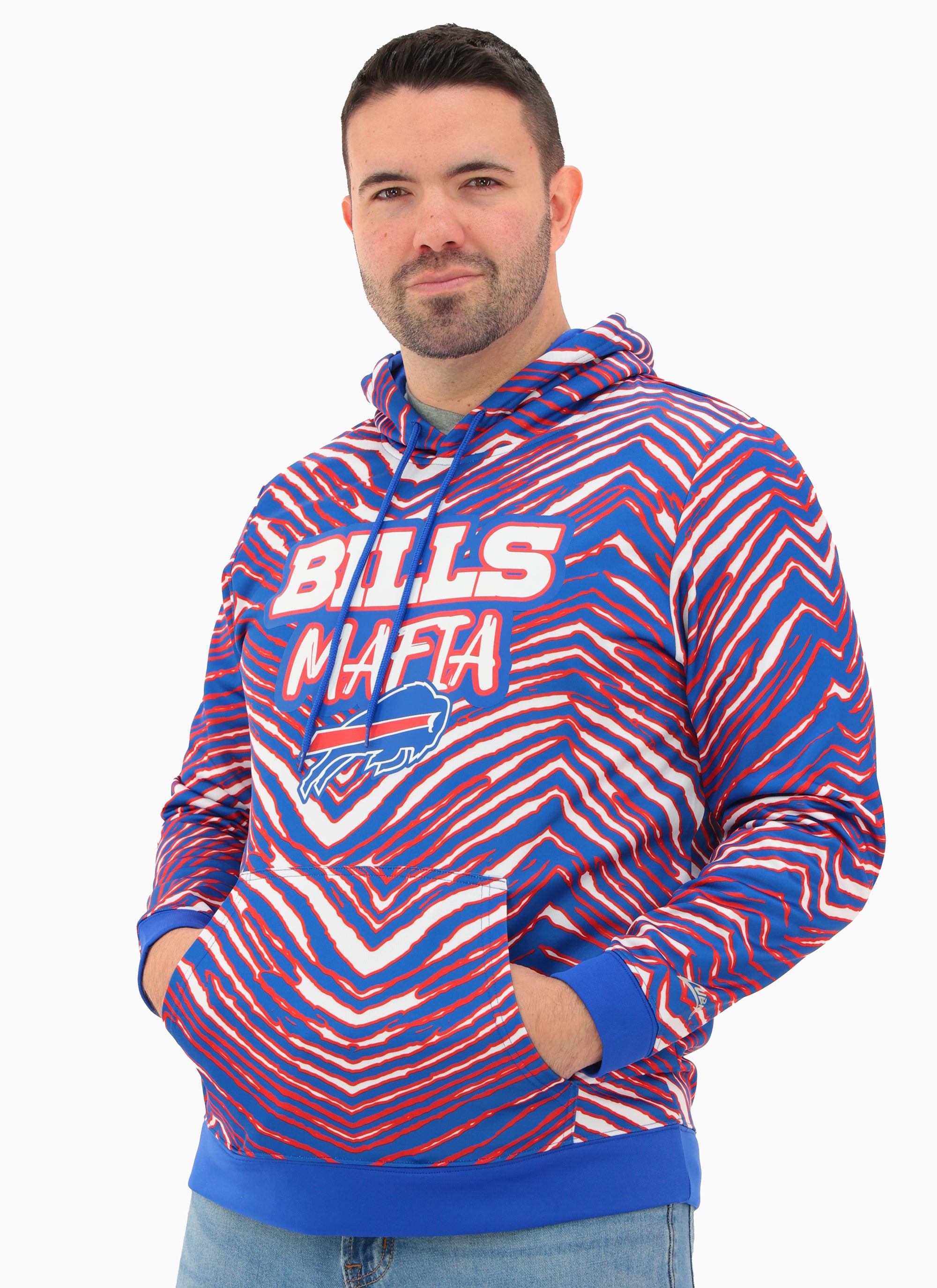 Zubaz NFL  Men's Bill Mafia All Over 3 Color Zebra Pullover Hoodie, BUFFALO BILLS