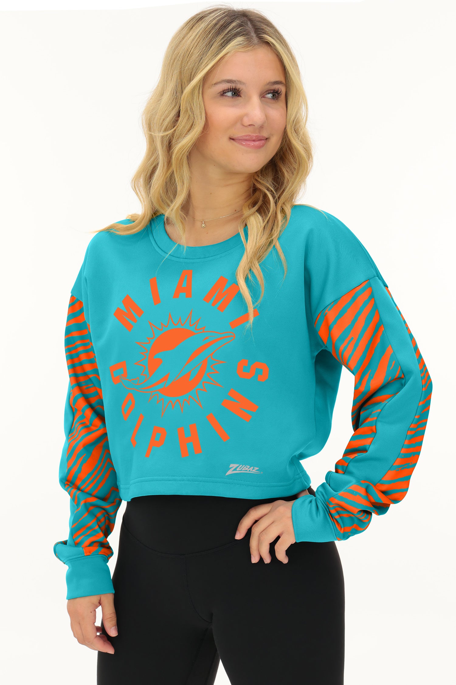 Zubaz NFL   Women's Overtime 2 Color Zebra Crop Top Crewneck, MIAMI DOLPHINS