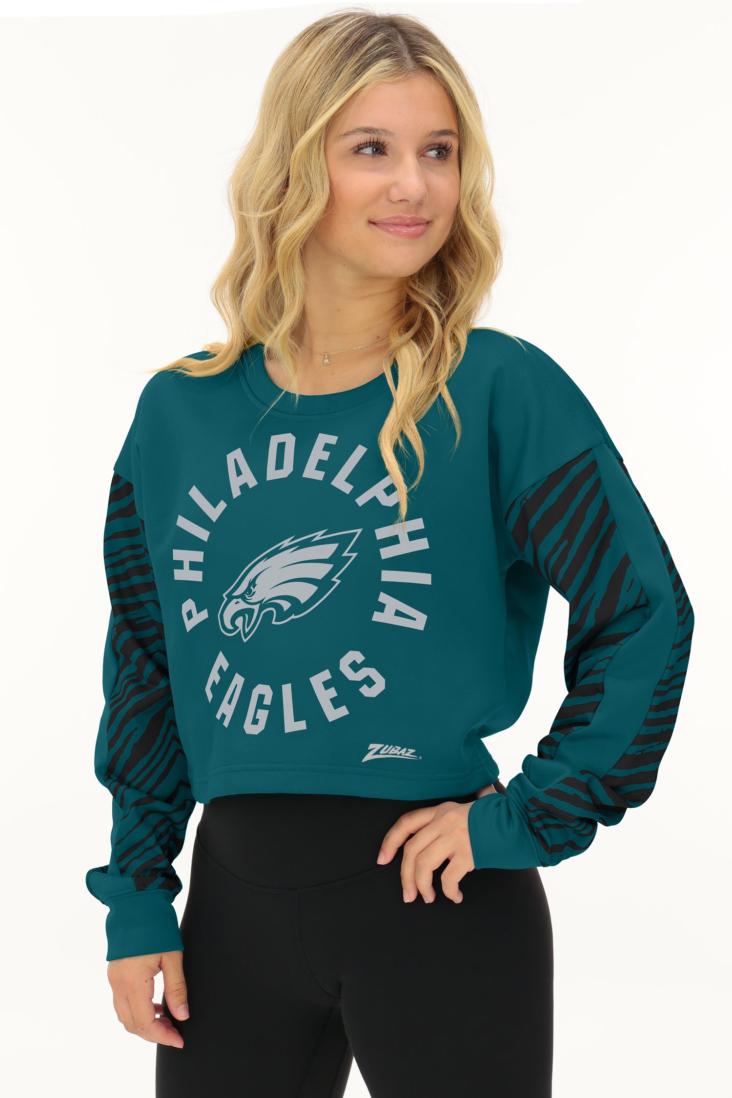 Zubaz NFL   Women's Overtime 2 Color Zebra Crop Top Crewneck, PHILADELPHIA EAGLES