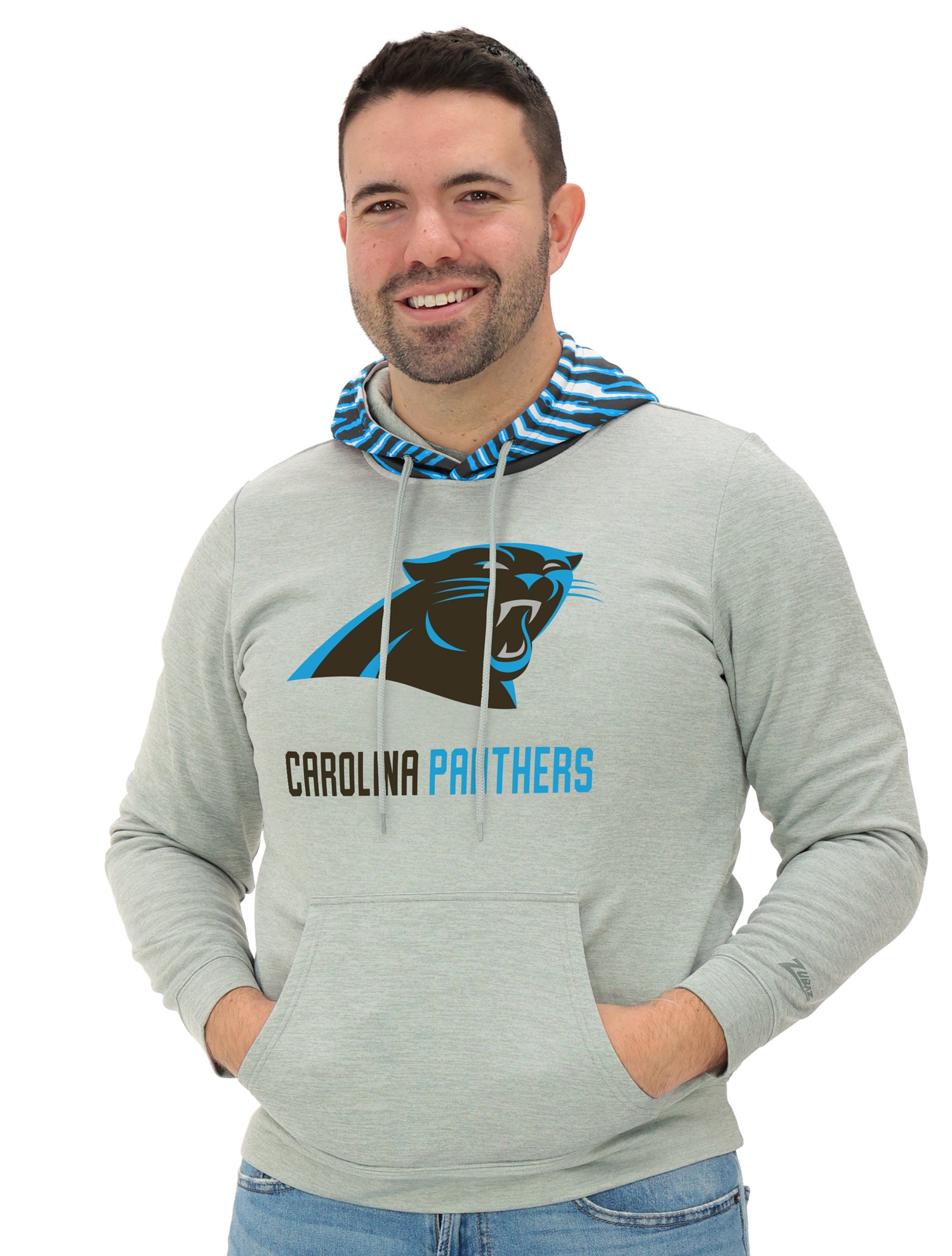 Zubaz NFL   Men`s Gray Hoodie with 3C Zebra Hood, CAROLINA PANTHERS