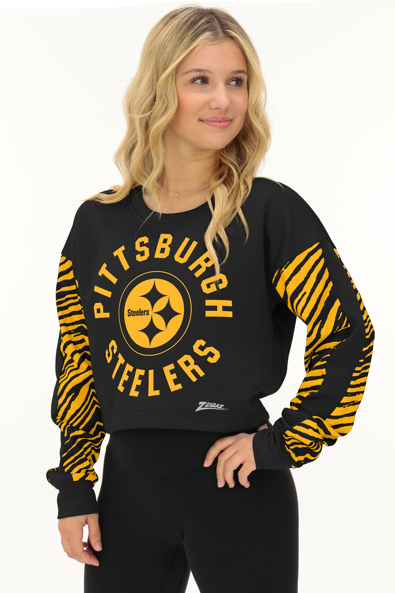 Zubaz NFL   Women's Overtime 2 Color Zebra Crop Top Crewneck, PITTSBURGH STEELERS