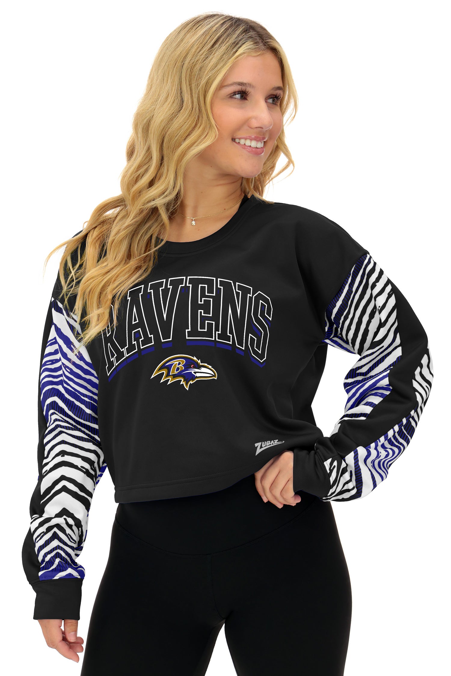 Zubaz NFL   Women's Classic Arch Crop Top with Zebra Ombre Sleeves, BALTIMORE RAVENS