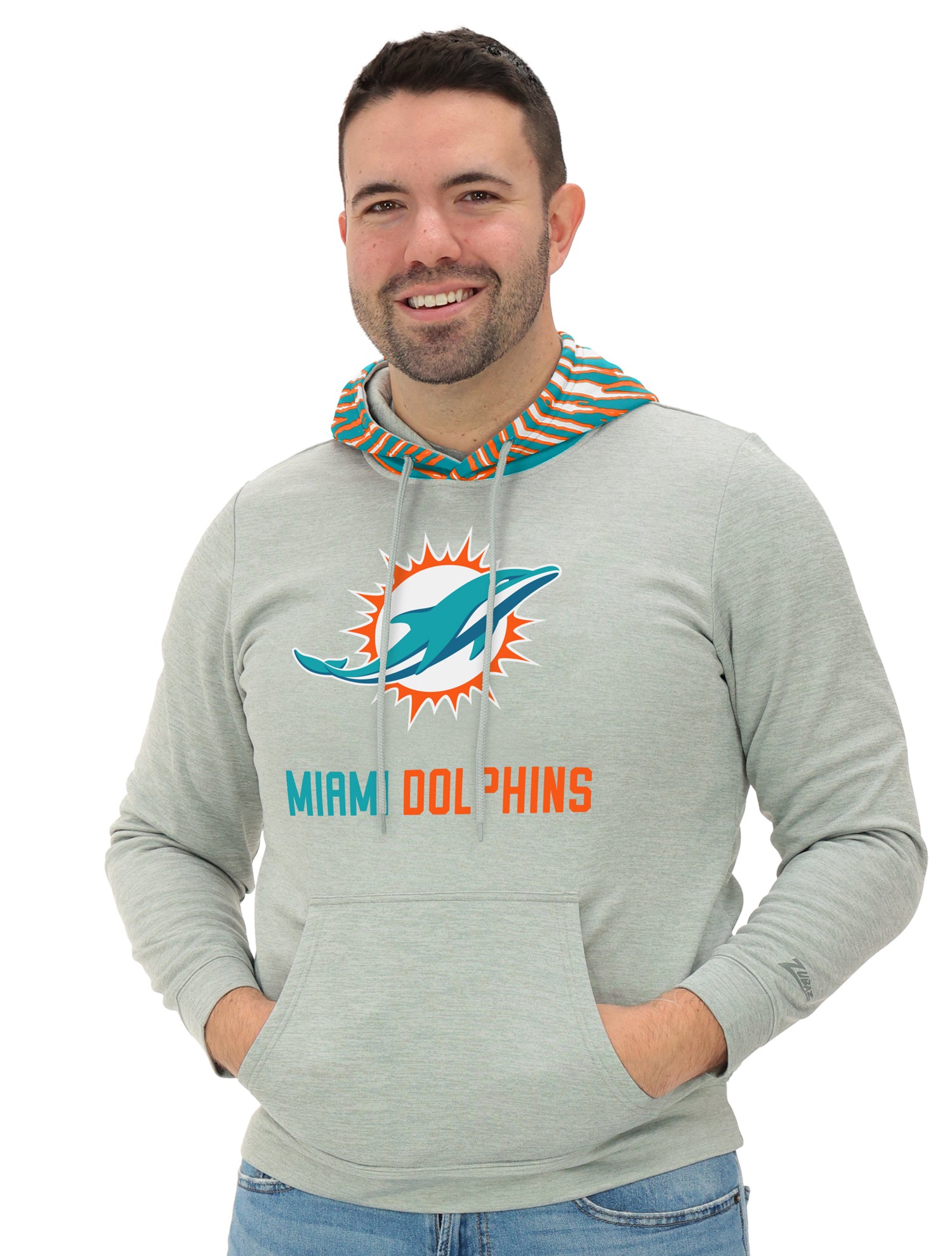 Zubaz NFL   Men`s Gray Hoodie with 3C Zebra Hood, MIAMI DOLPHINS