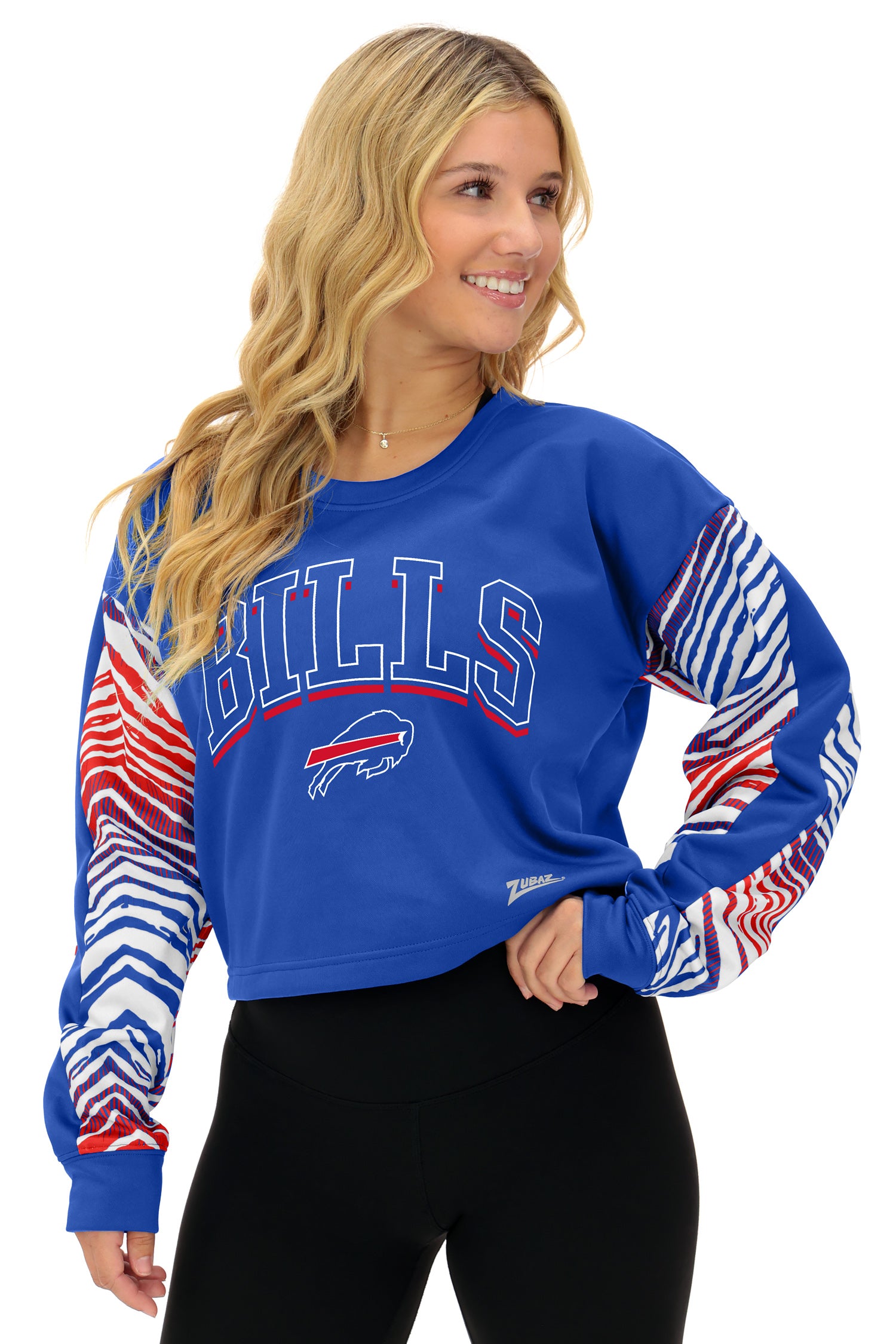 Zubaz NFL   Women's Classic Arch Crop Top with Zebra Ombre Sleeves, BUFFALO BILLS