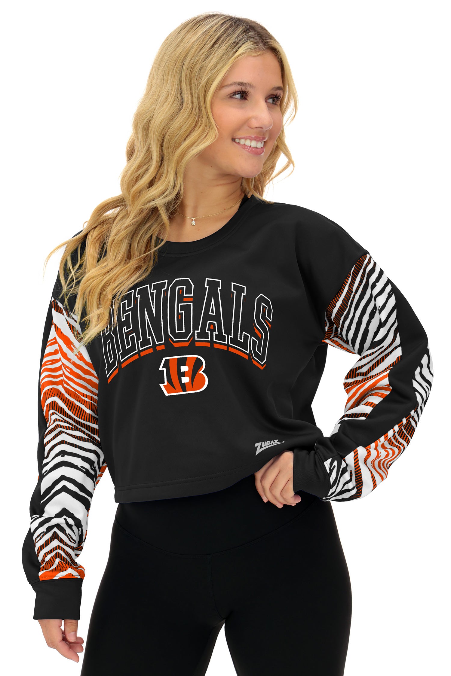 Zubaz NFL   Women's Classic Arch Crop Top with Zebra Ombre Sleeves, CINCINNATI BENGALS