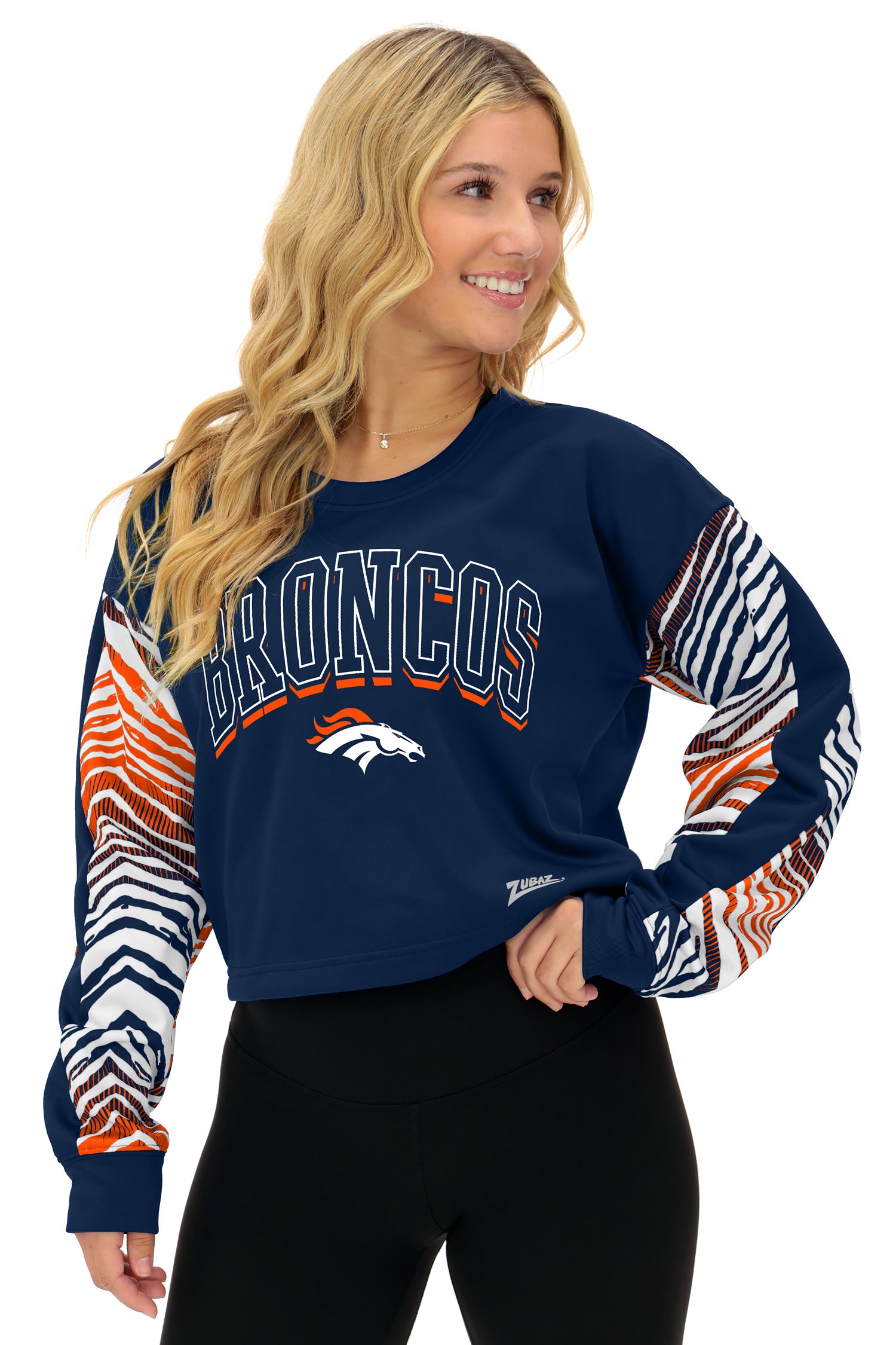 Zubaz NFL   Women's Classic Arch Crop Top with Zebra Ombre Sleeves, DENVER BRONCOS