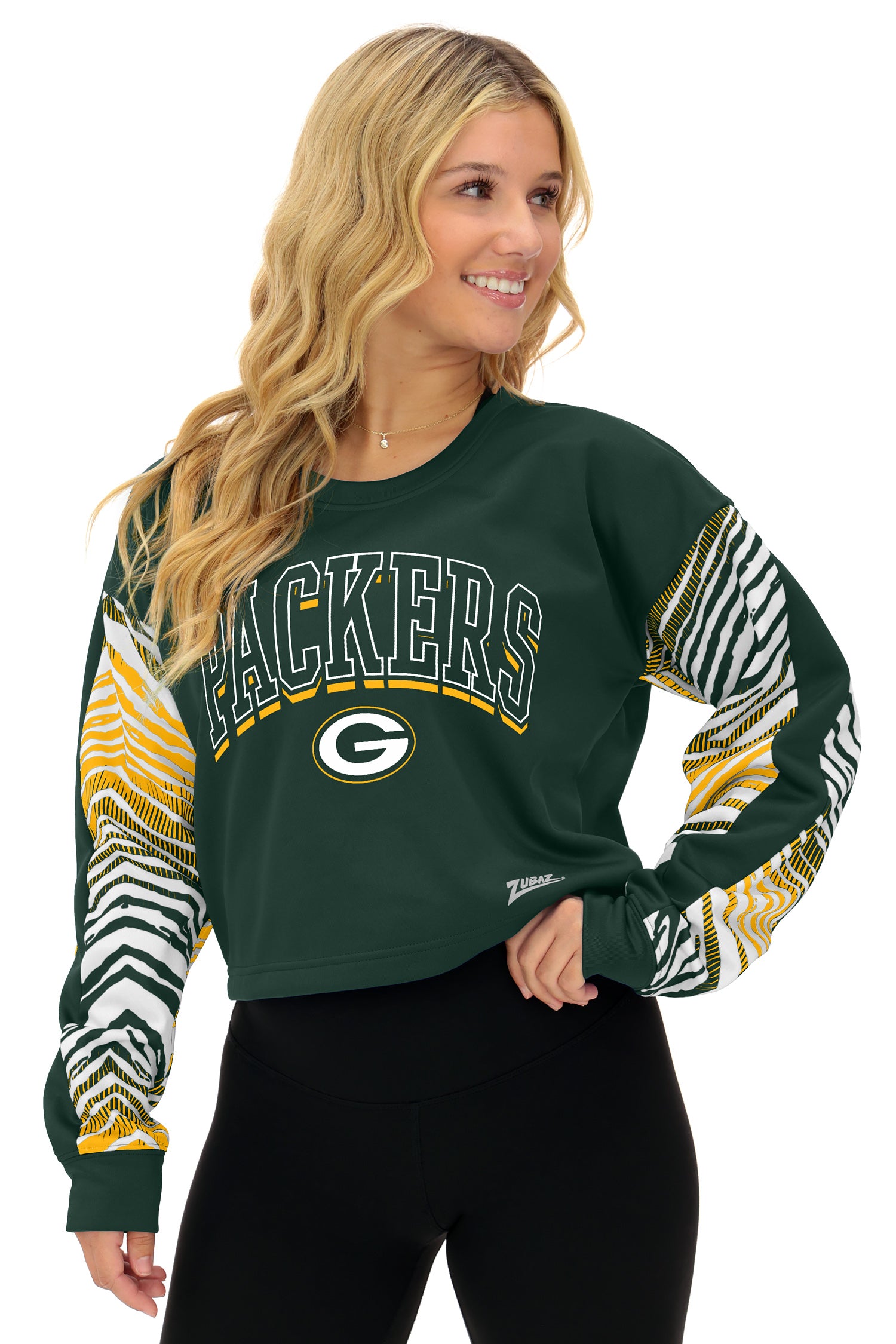 Zubaz NFL   Women's Classic Arch Crop Top with Zebra Ombre Sleeves, GREEN BAY PACKERS