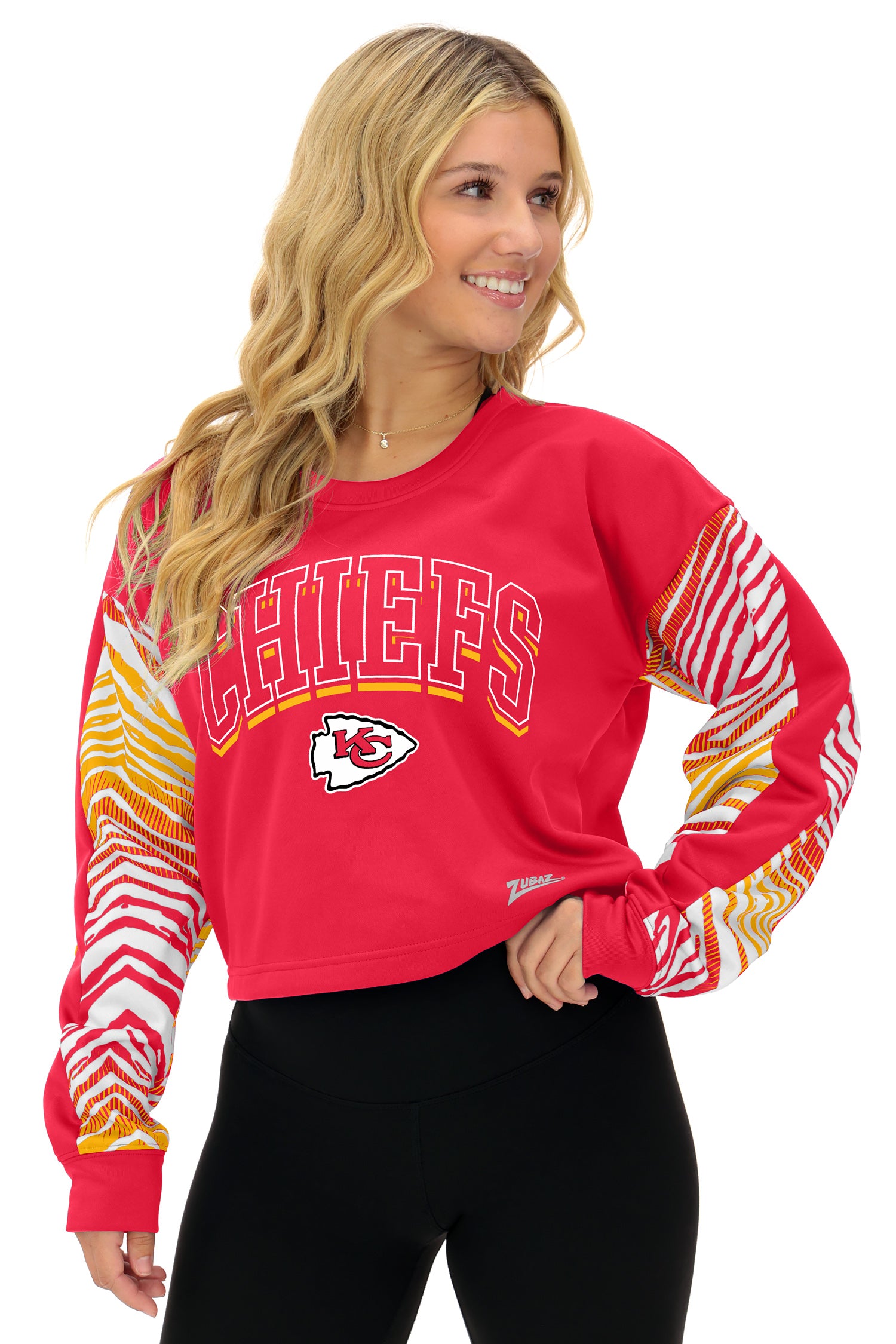 Zubaz NFL   Women's Classic Arch Crop Top with Zebra Ombre Sleeves, KANSAS CITY CHIEFS