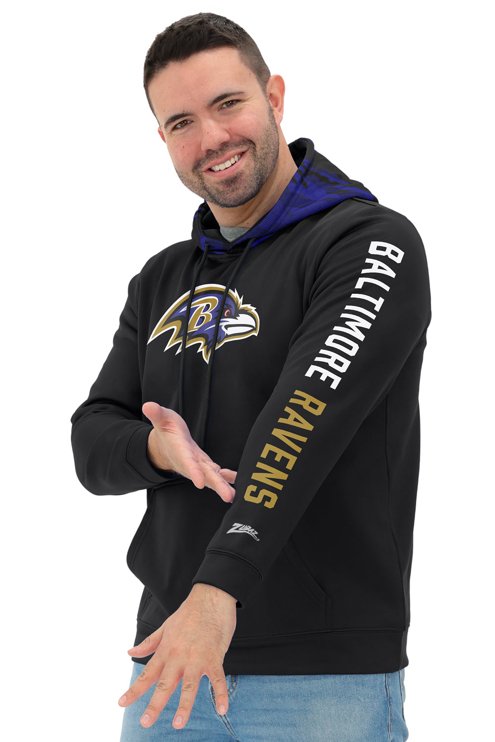 Zubaz NFL  Men's Front and Sleeve Print Camo Line Hood Hoodie, BALTIMORE RAVENS