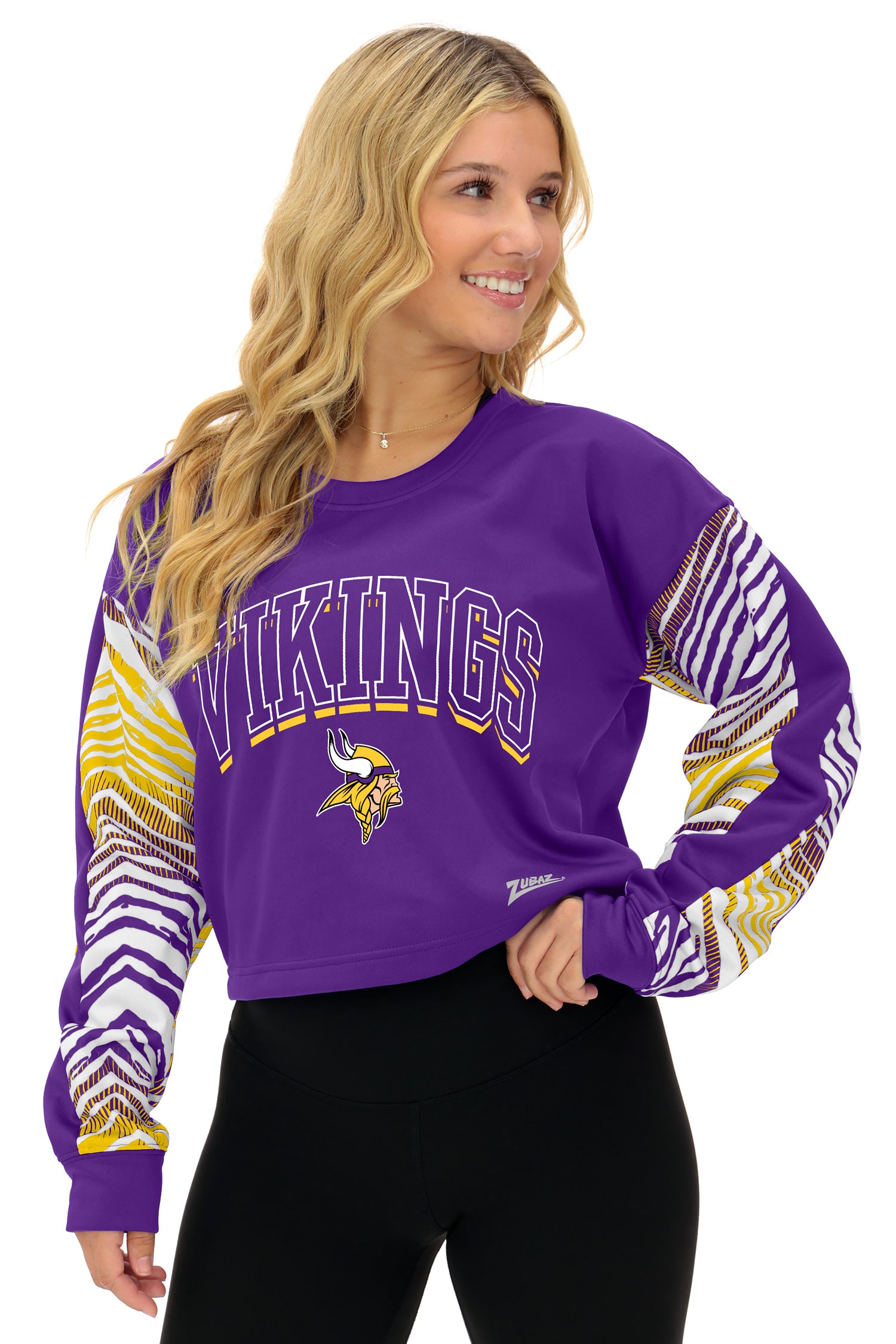 Zubaz NFL   Women's Classic Arch Crop Top with Zebra Ombre Sleeves, MINNESOTA VIKINGS