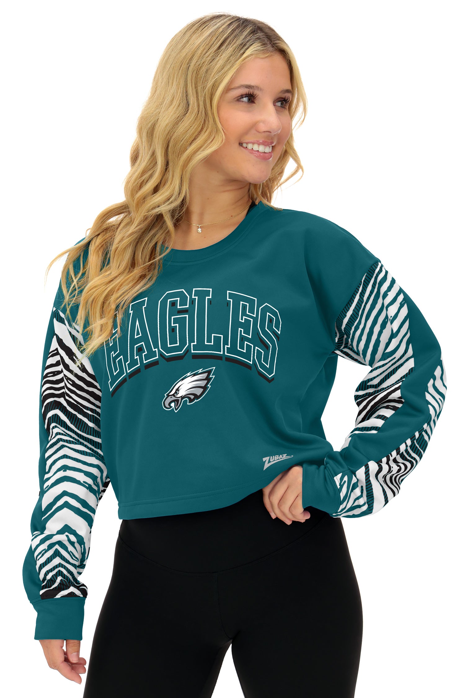 Zubaz NFL   Women's Classic Arch Crop Top with Zebra Ombre Sleeves, PHILADELPHIA EAGLES