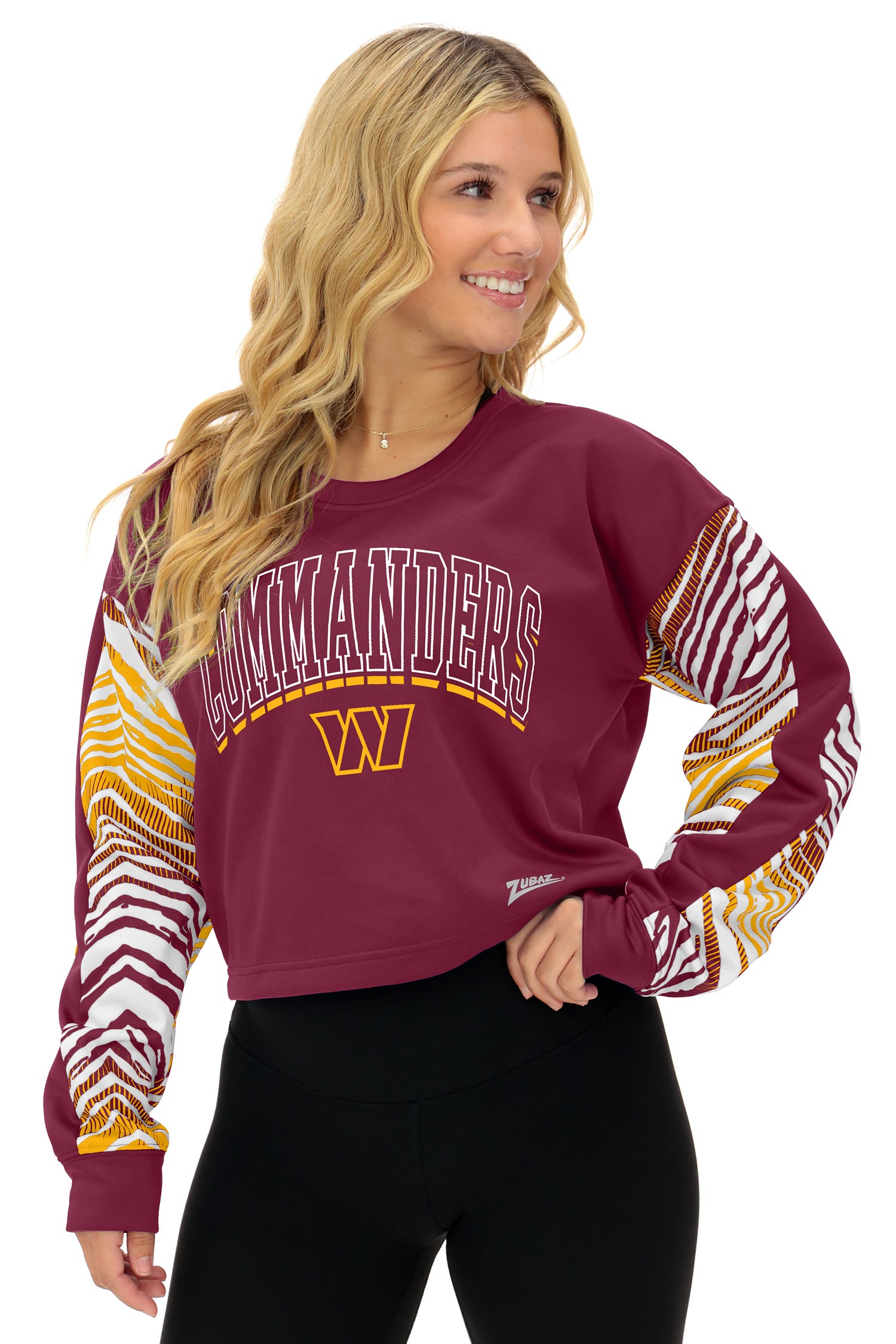 Zubaz NFL   Women's Classic Arch Crop Top with Zebra Ombre Sleeves, WASHINGTON COMMANDERS