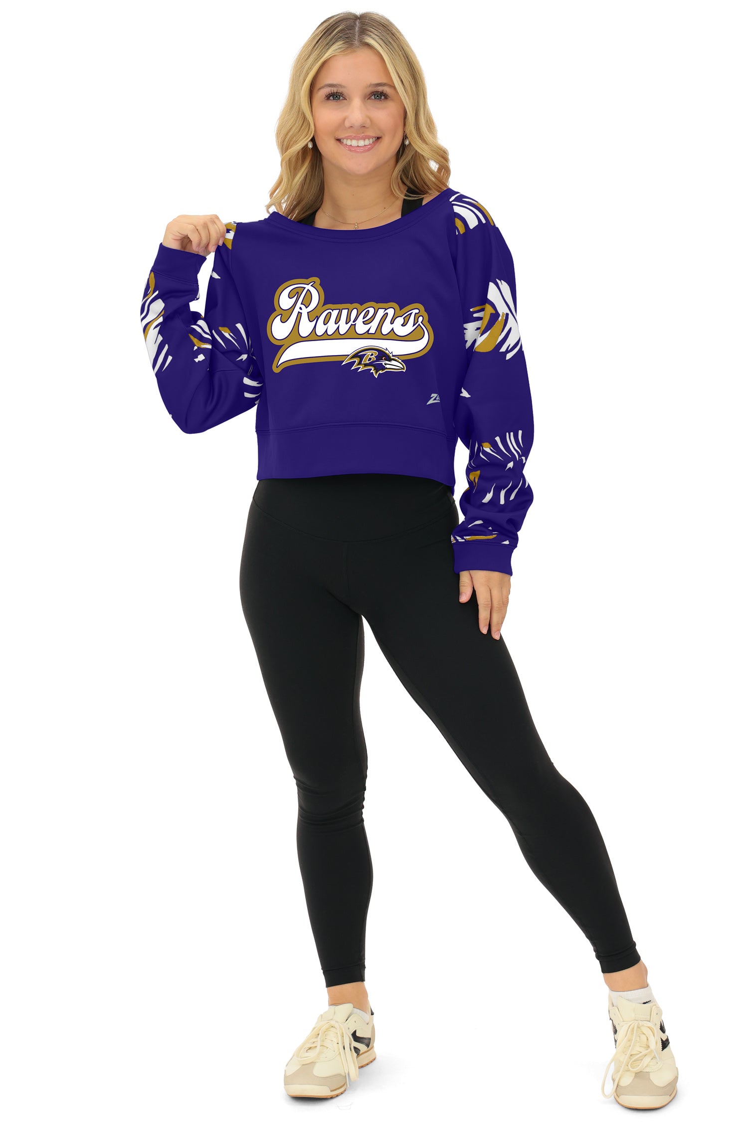 Zubaz NFL  Women's Script 3 Color Leaf Boatneck Raglan Crew, BALTIMORE RAVENS