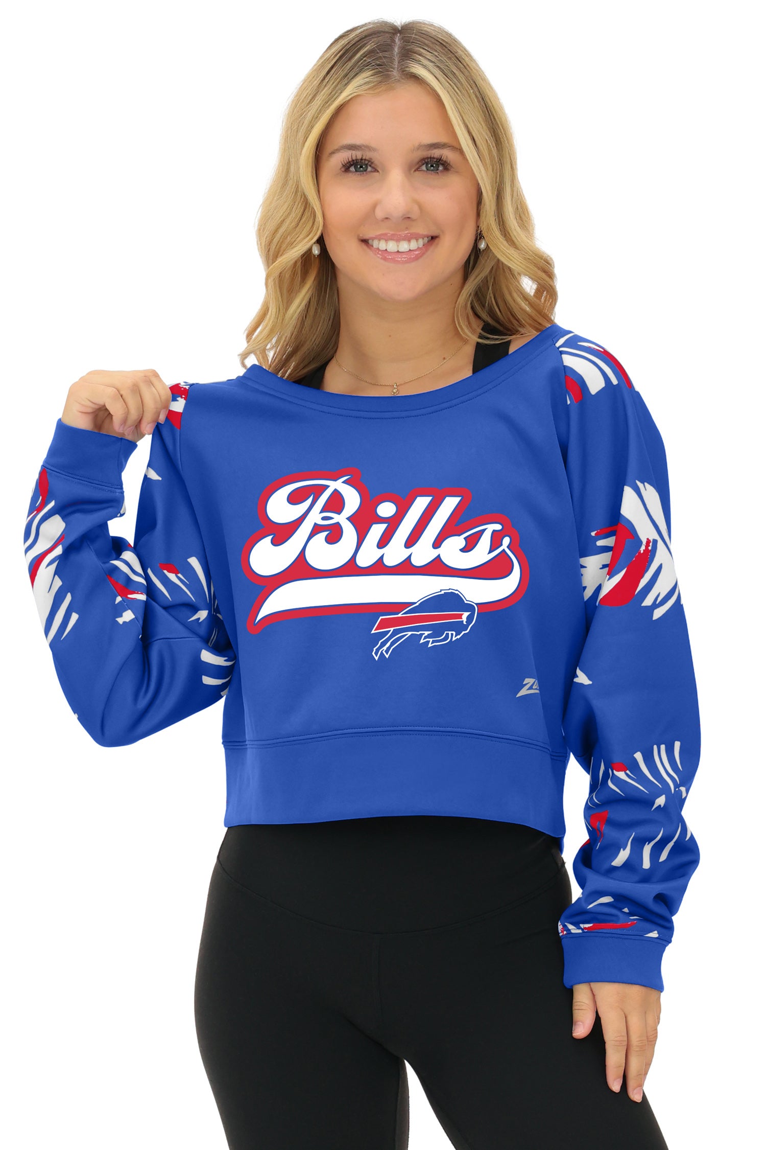 Zubaz NFL  Women's Script 3 Color Leaf Boatneck Raglan Crew, BUFFALO BILLS
