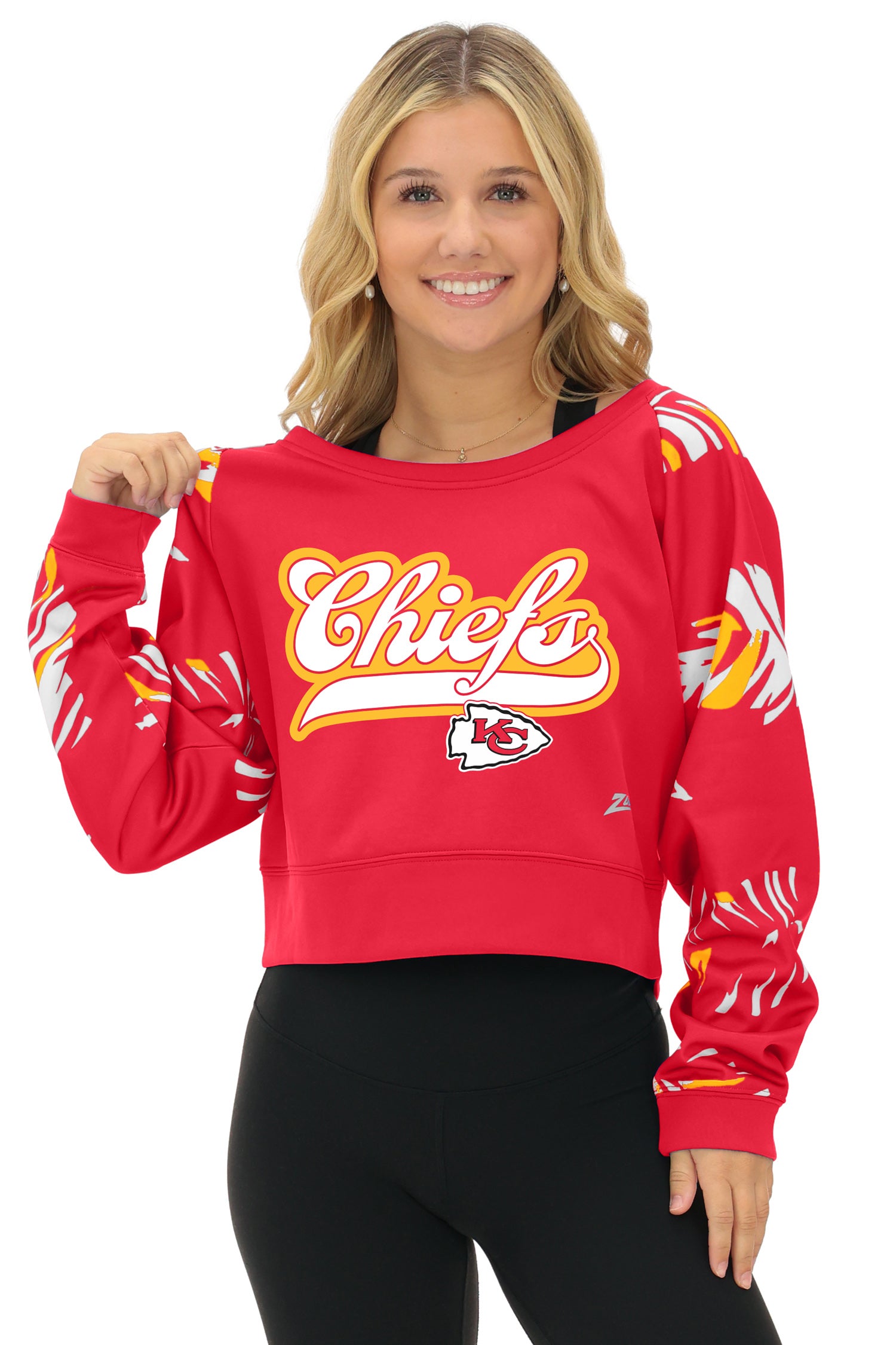 Zubaz NFL   Women's Script 3 Color Leaf Boatneck Raglan Crew, KANSAS CITY CHIEFS