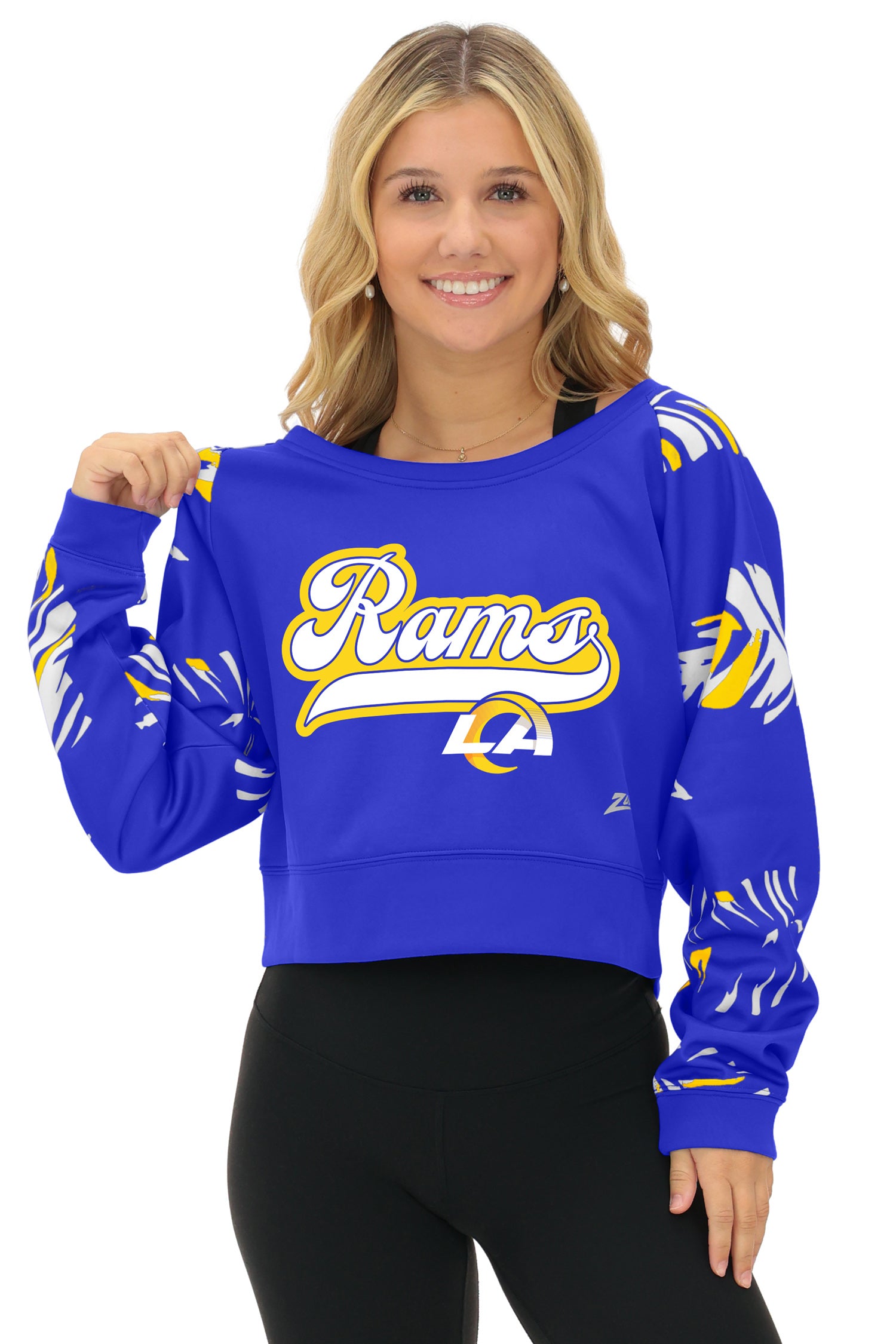 Zubaz NFL   Women's Script 3 Color Leaf Boatneck Raglan Crew, LOS ANGELES RAMS