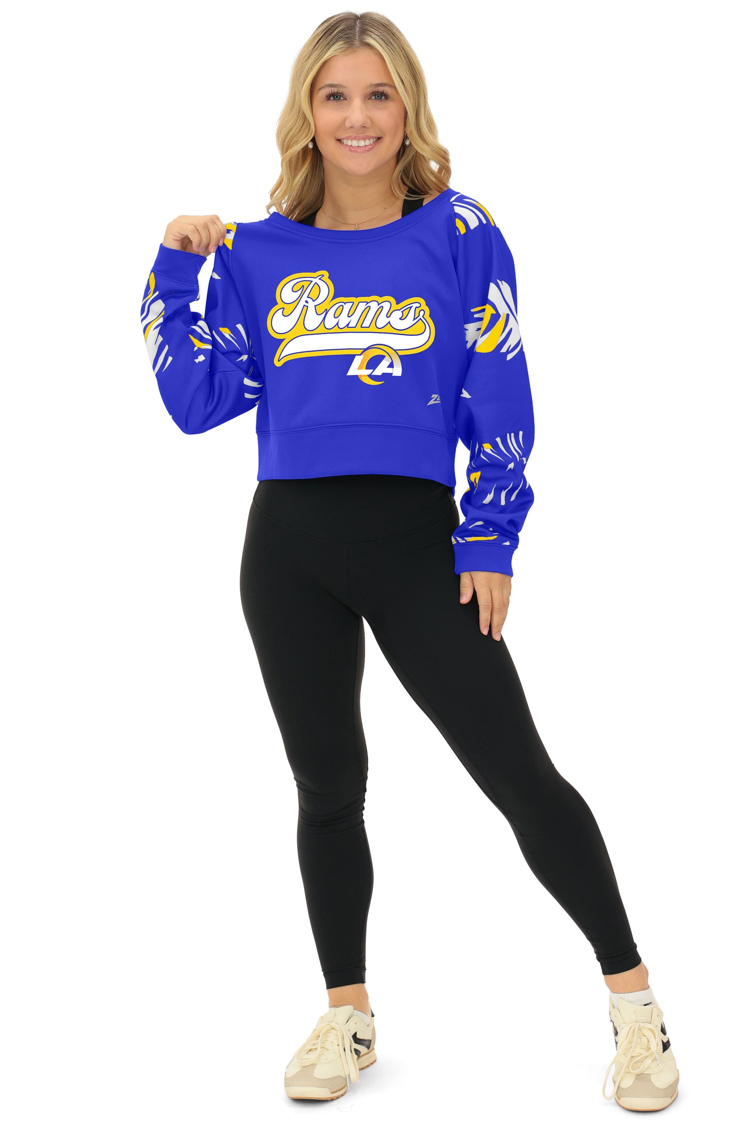 Zubaz NFL   Women's Script 3 Color Leaf Boatneck Raglan Crew, LOS ANGELES RAMS
