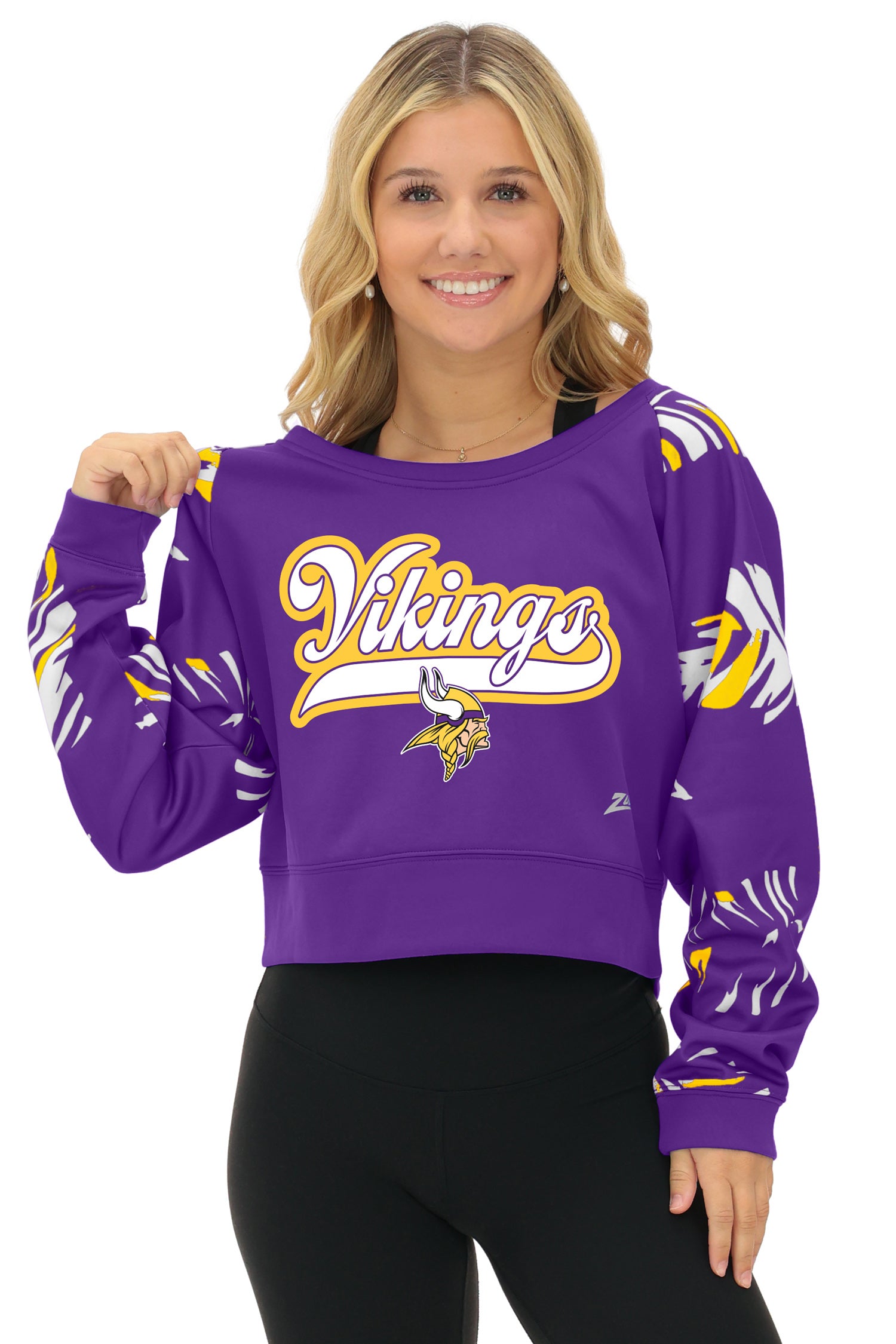Zubaz NFL   Women's Script 3 Color Leaf Boatneck Raglan Crew, MINNESOTA VIKINGS