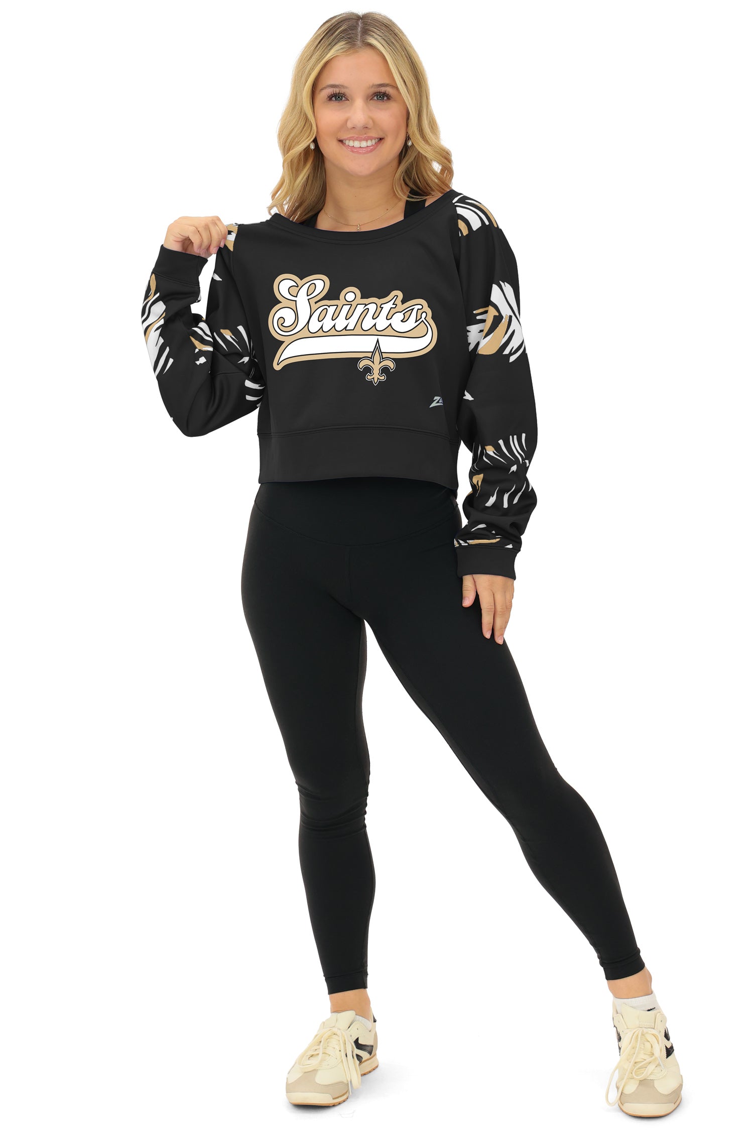 Zubaz NFL   Women's Script 3 Color Leaf Boatneck Raglan Crew, NEW ORLEANS SAINTS