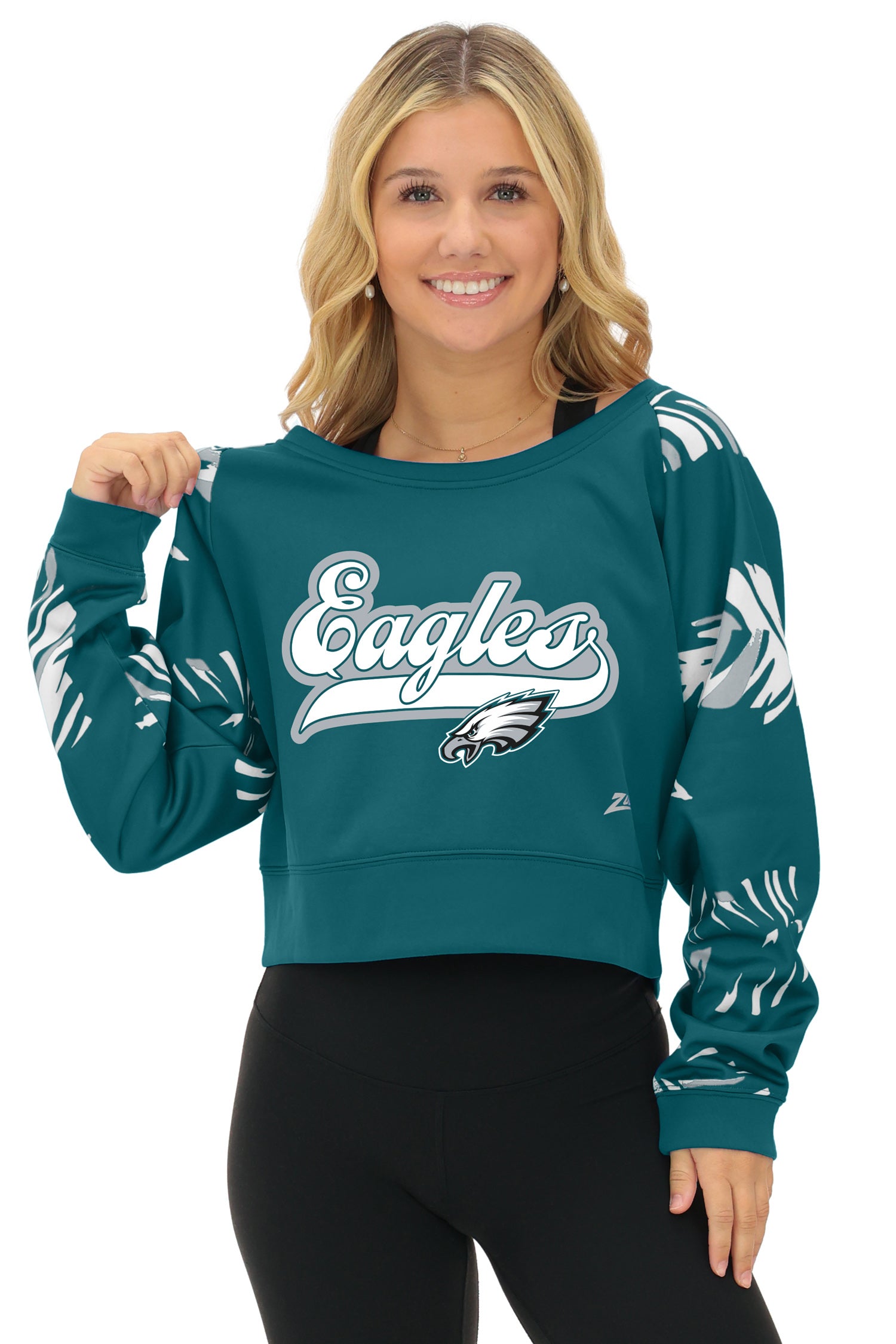 Zubaz NFL   Women's Script 3 Color Leaf Boatneck Raglan Crew, PHILADELPHIA EAGLES