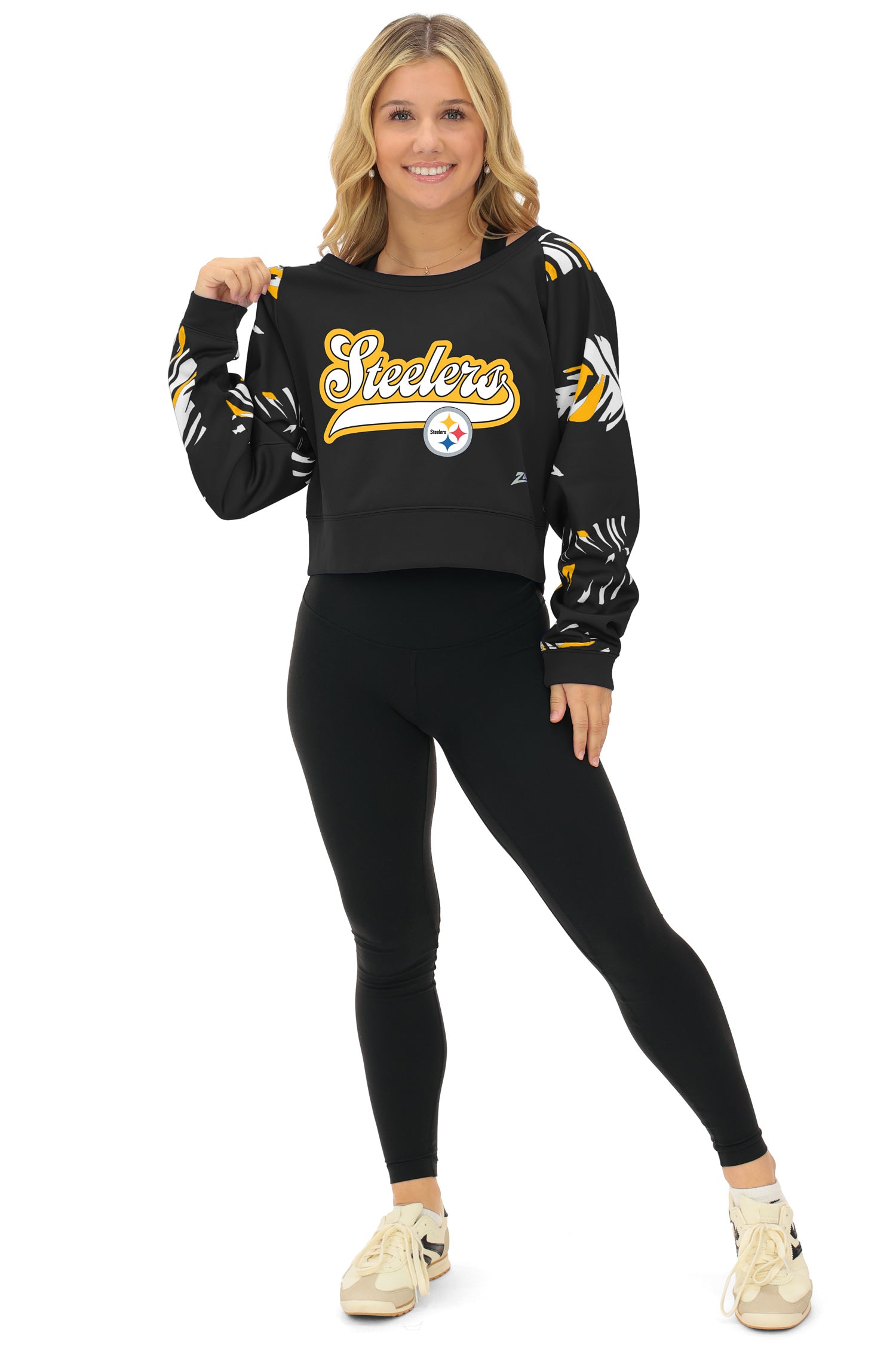 Zubaz NFL   Women's Script 3 Color Leaf Boatneck Raglan Crew, PITTSBURGH STEELERS