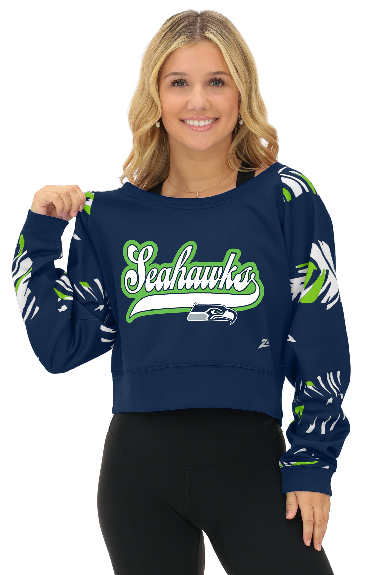 Zubaz NFL   Women's Script 3 Color Leaf Boatneck Raglan Crew, SEATTLE SEAHAWKS