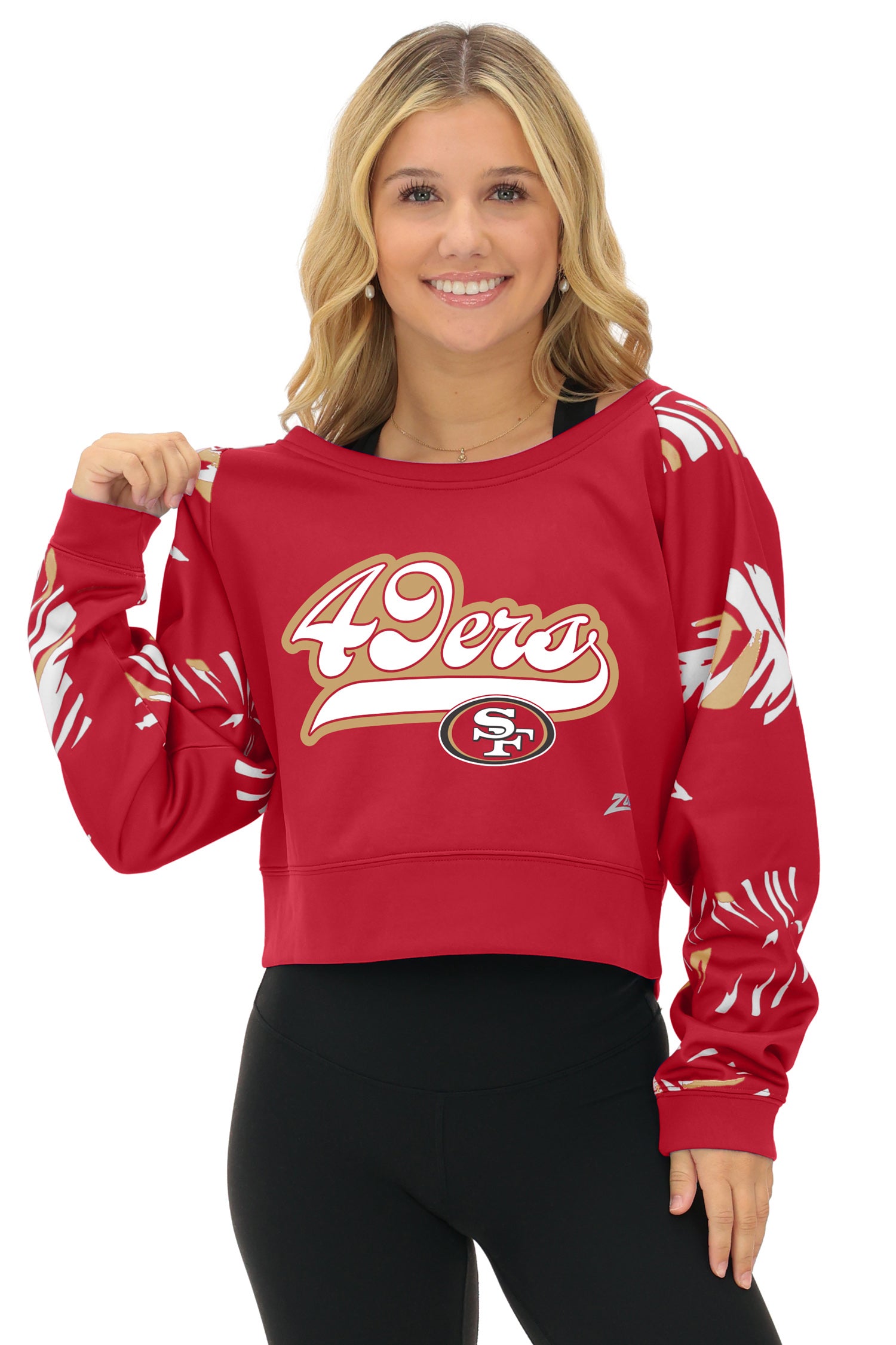 Zubaz NFL   Women's Script 3 Color Leaf Boatneck Raglan Crew, SAN FRANCISCO 49ERS