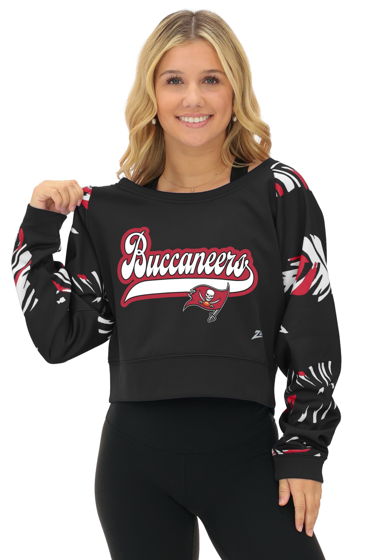Zubaz NFL   Women's Script 3 Color Leaf Boatneck Raglan Crew, TAMPA BAY BUCCANEERS