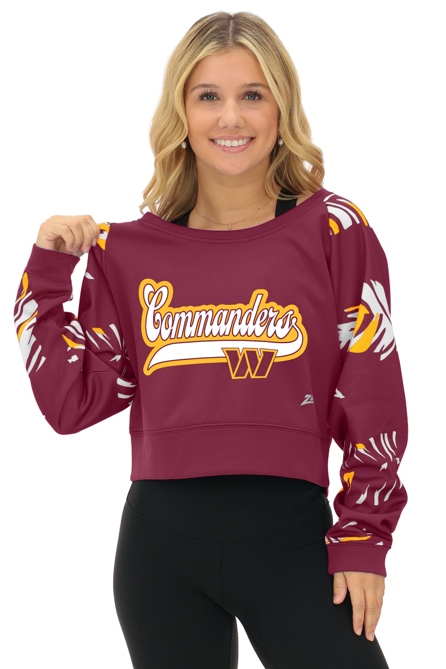 Zubaz NFL   Women's Script 3 Color Leaf Boatneck Raglan Crew, WASHINGTON COMMANDERS