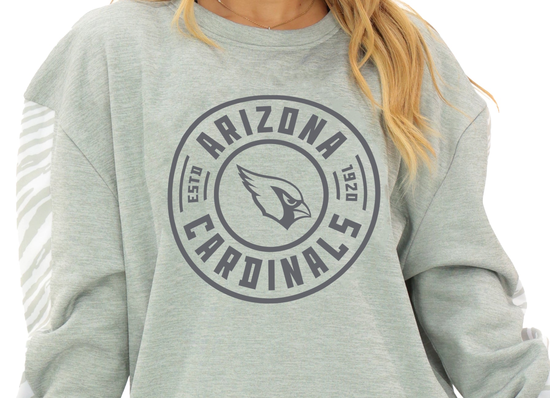 Zubaz NFL   Women's Offense 2 Color Tonal Zebra Arm Panels Crewneck with Pockets, ARIZONA CARDINALS