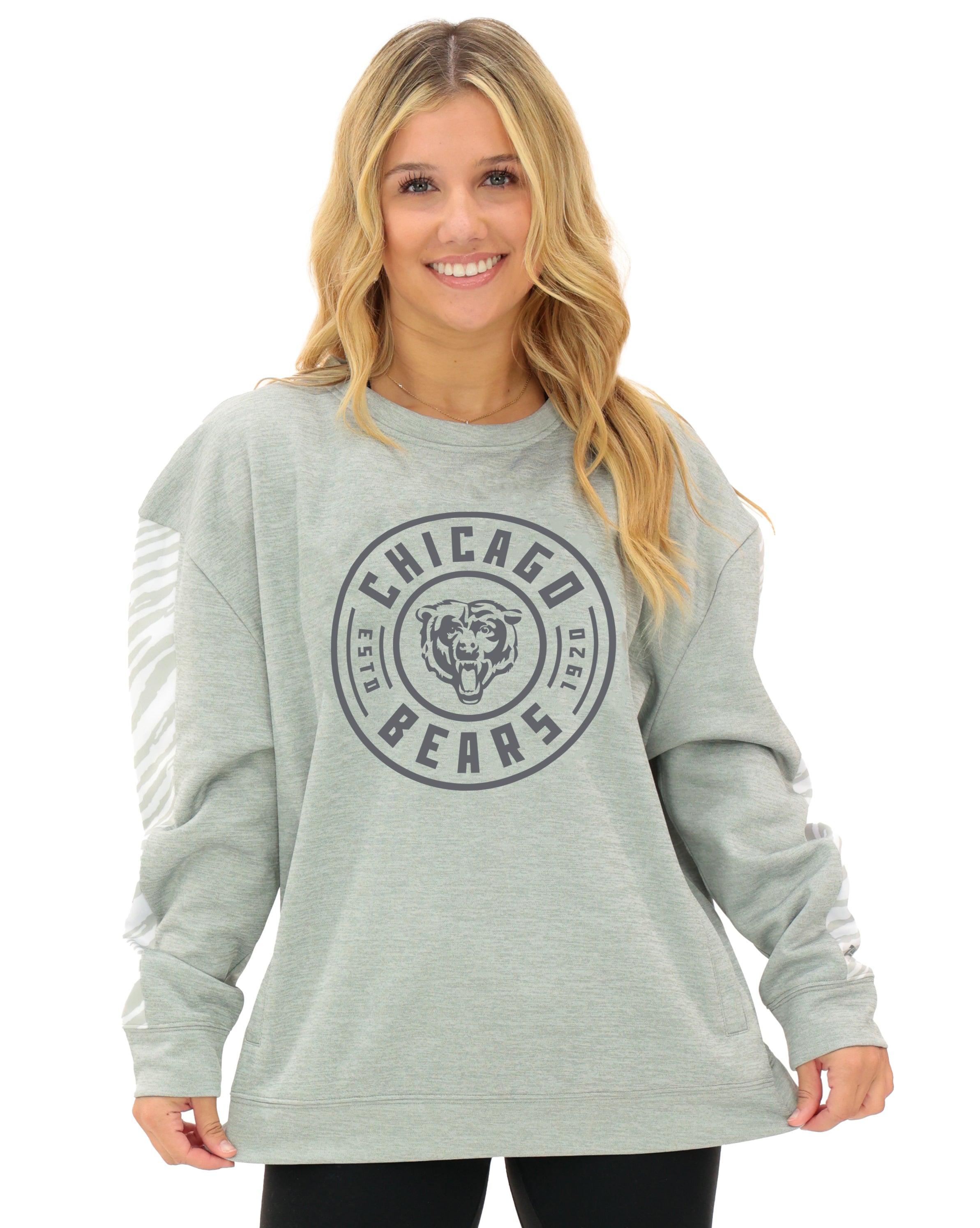 Zubaz NFL   Women's Offense 2 Color Tonal Zebra Arm Panels Crewneck with Pockets, CHICAGO BEARS