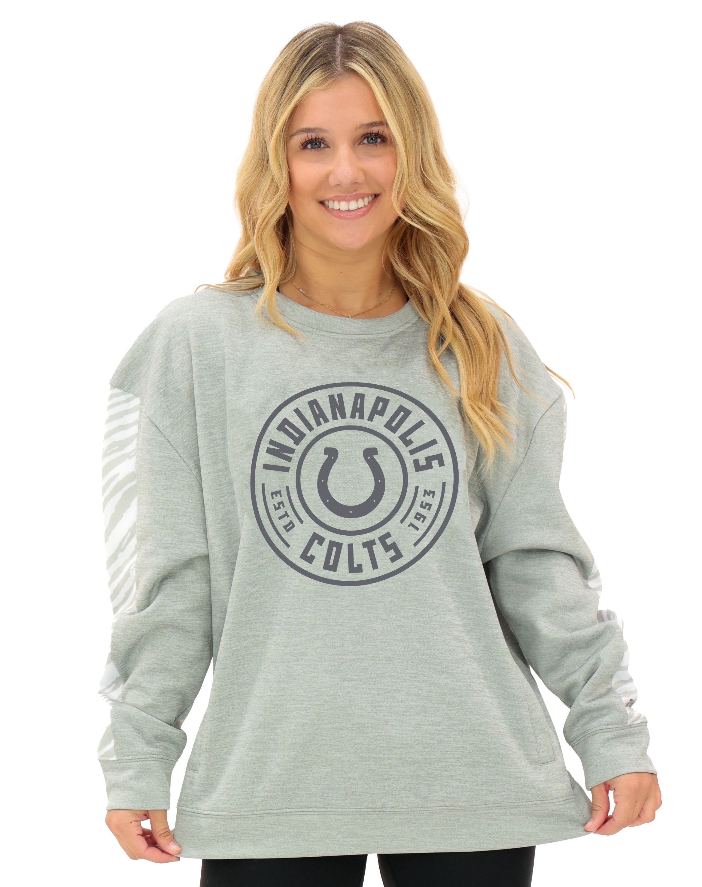Zubaz NFL   Women's Offense 2 Color Tonal Zebra Arm Panels Crewneck with Pockets, INDIANAPOLIS COLTS