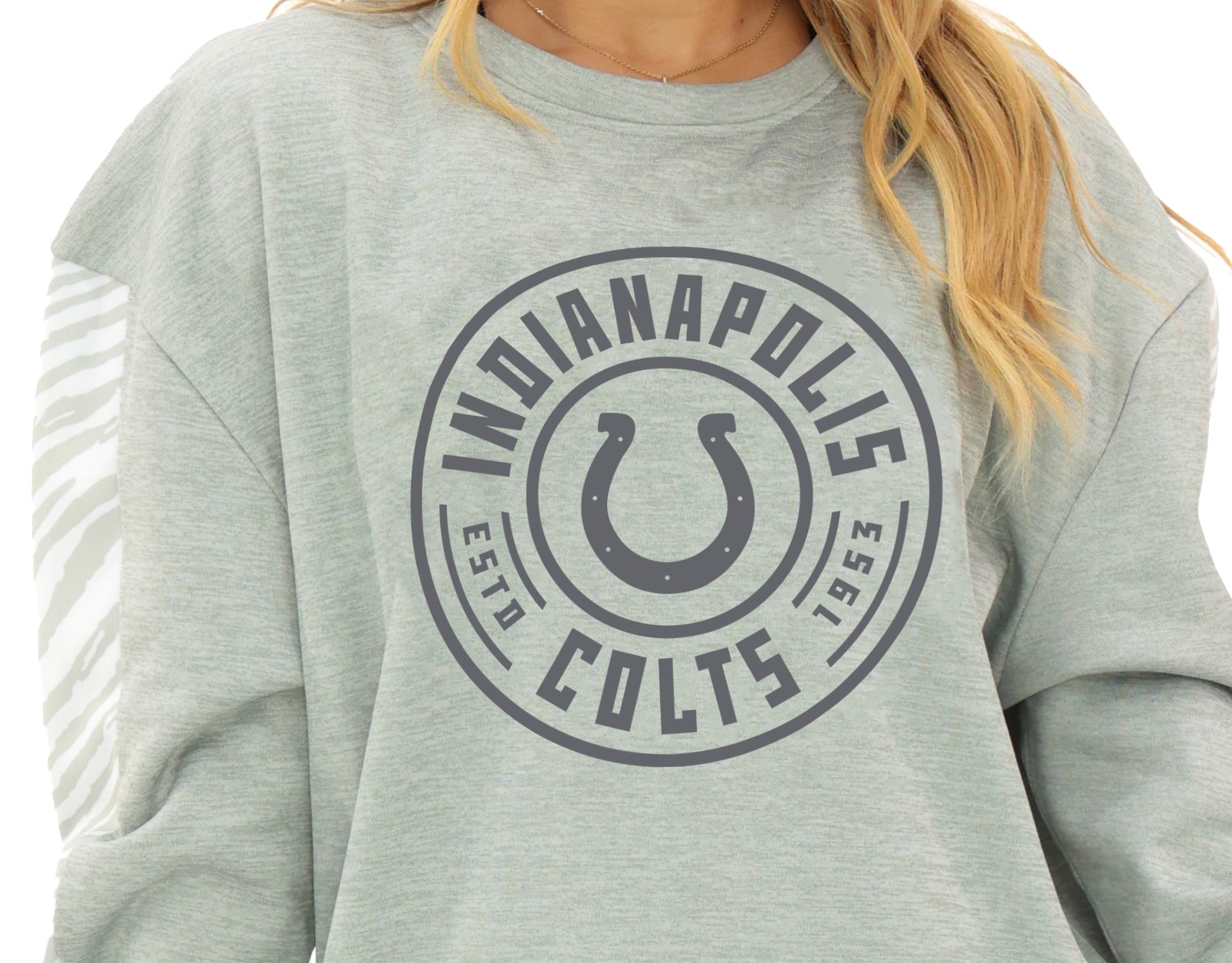 Zubaz NFL   Women's Offense 2 Color Tonal Zebra Arm Panels Crewneck with Pockets, INDIANAPOLIS COLTS